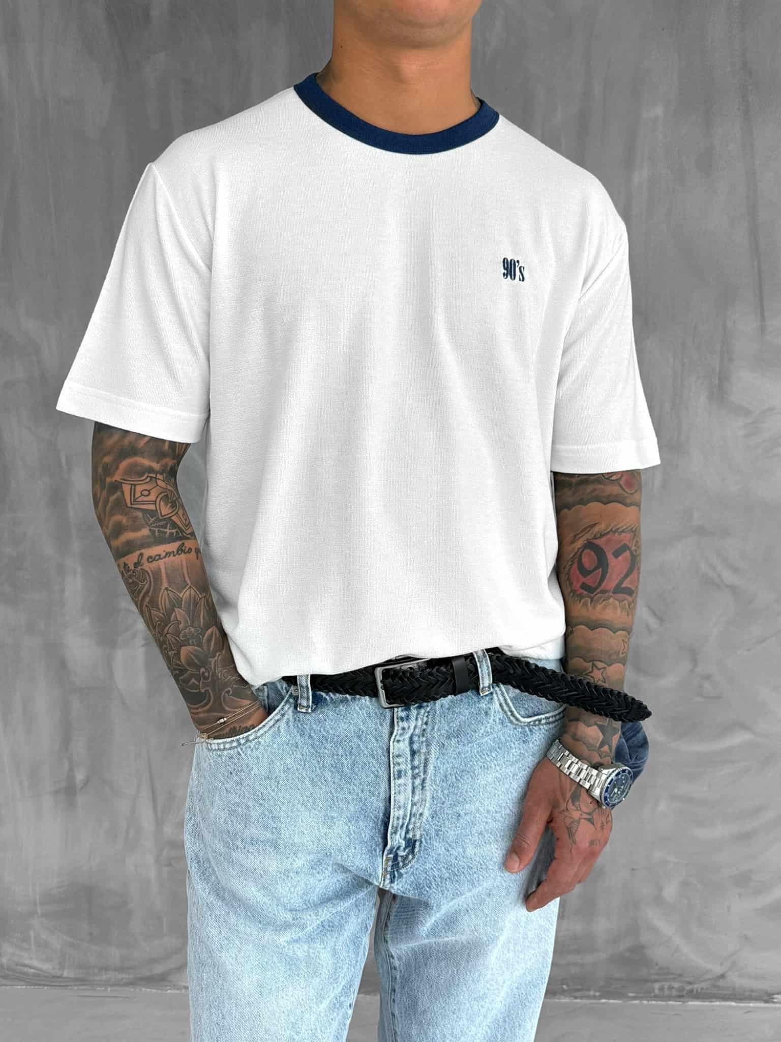 Erkek Kontrast Detaylı Oversize Basic T-Shirt Ekru