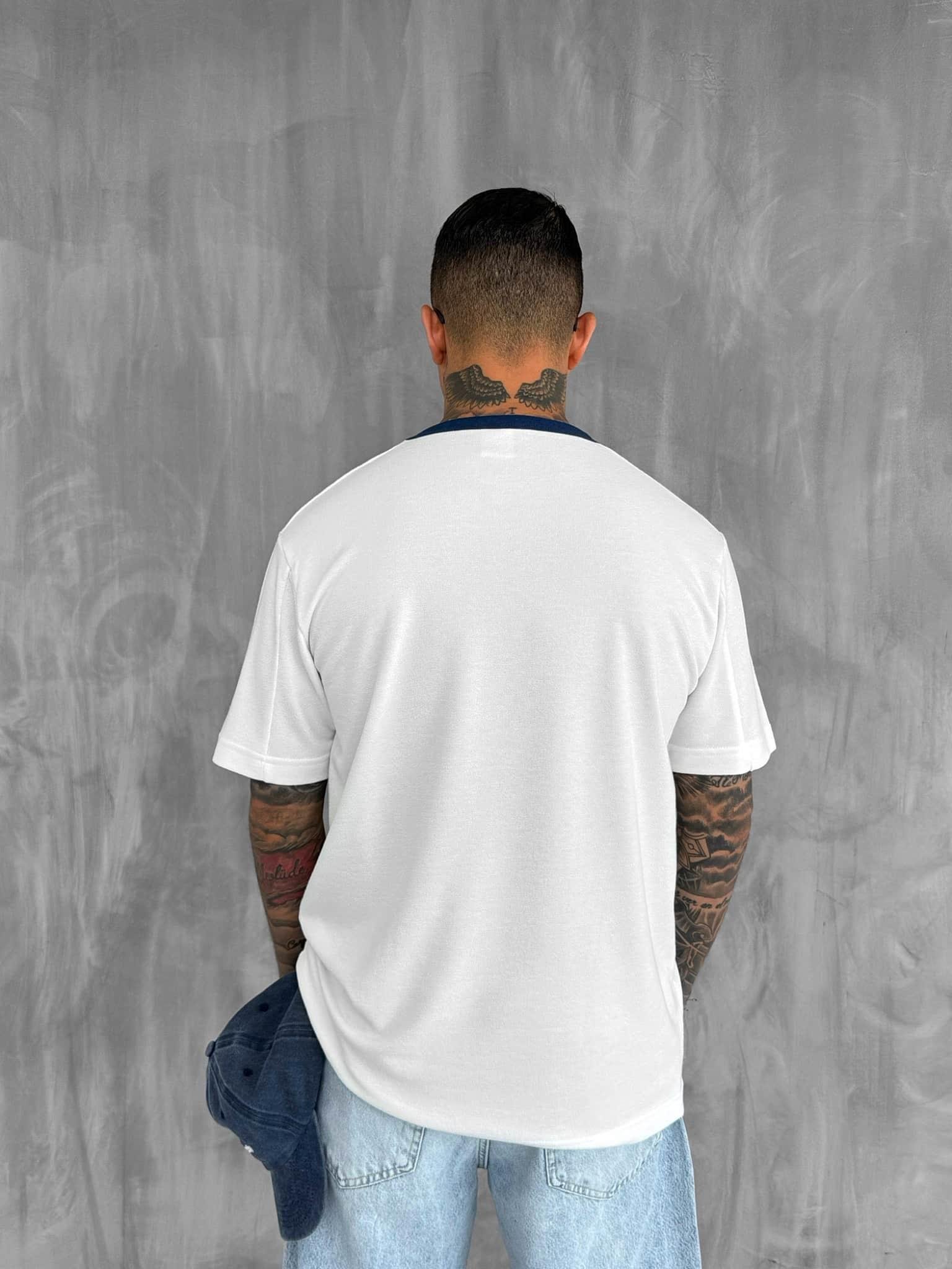 Erkek Kontrast Detaylı Oversize Basic T-Shirt Ekru
