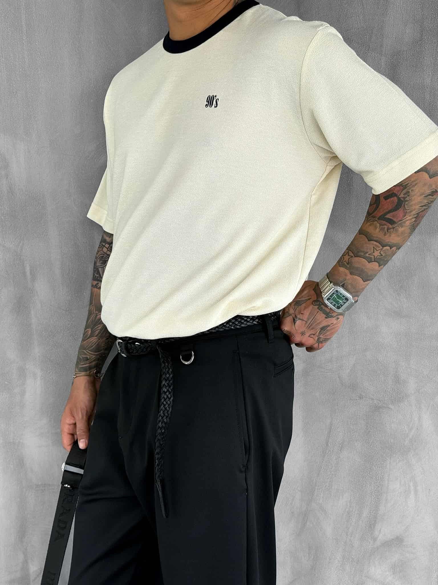 Erkek Kontrast Detaylı Oversize Basic T-Shirt Krem