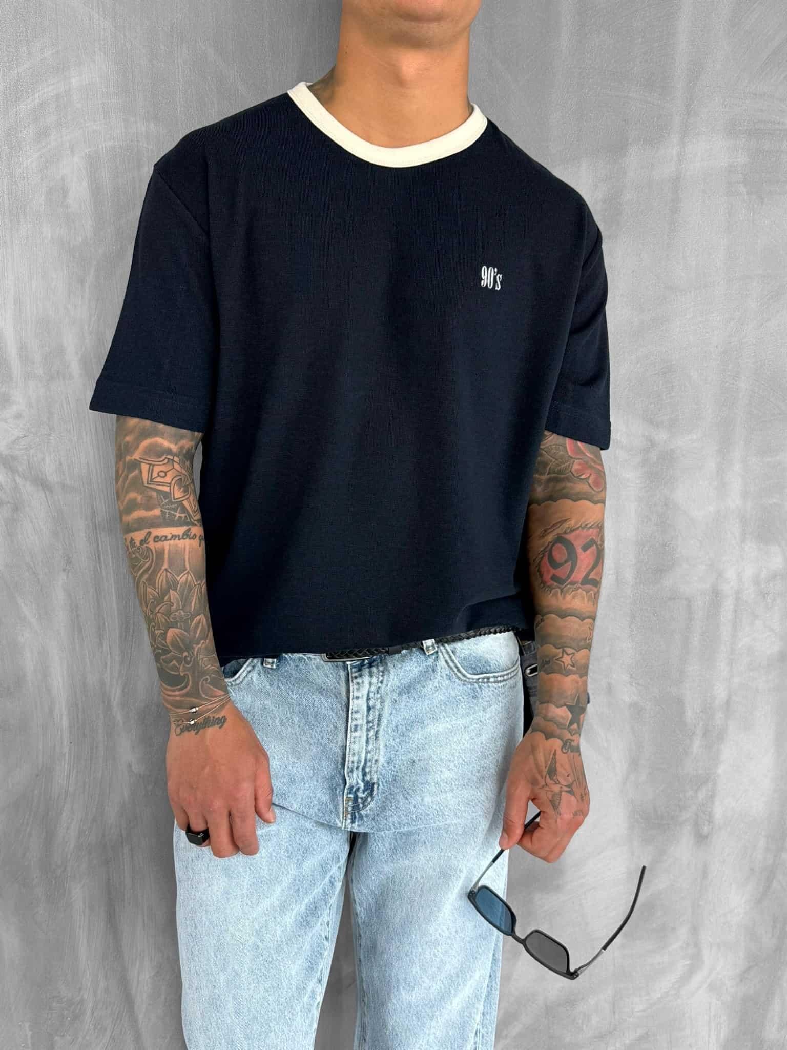 Erkek Kontrast Detaylı Oversize Basic T-Shirt Lacivert
