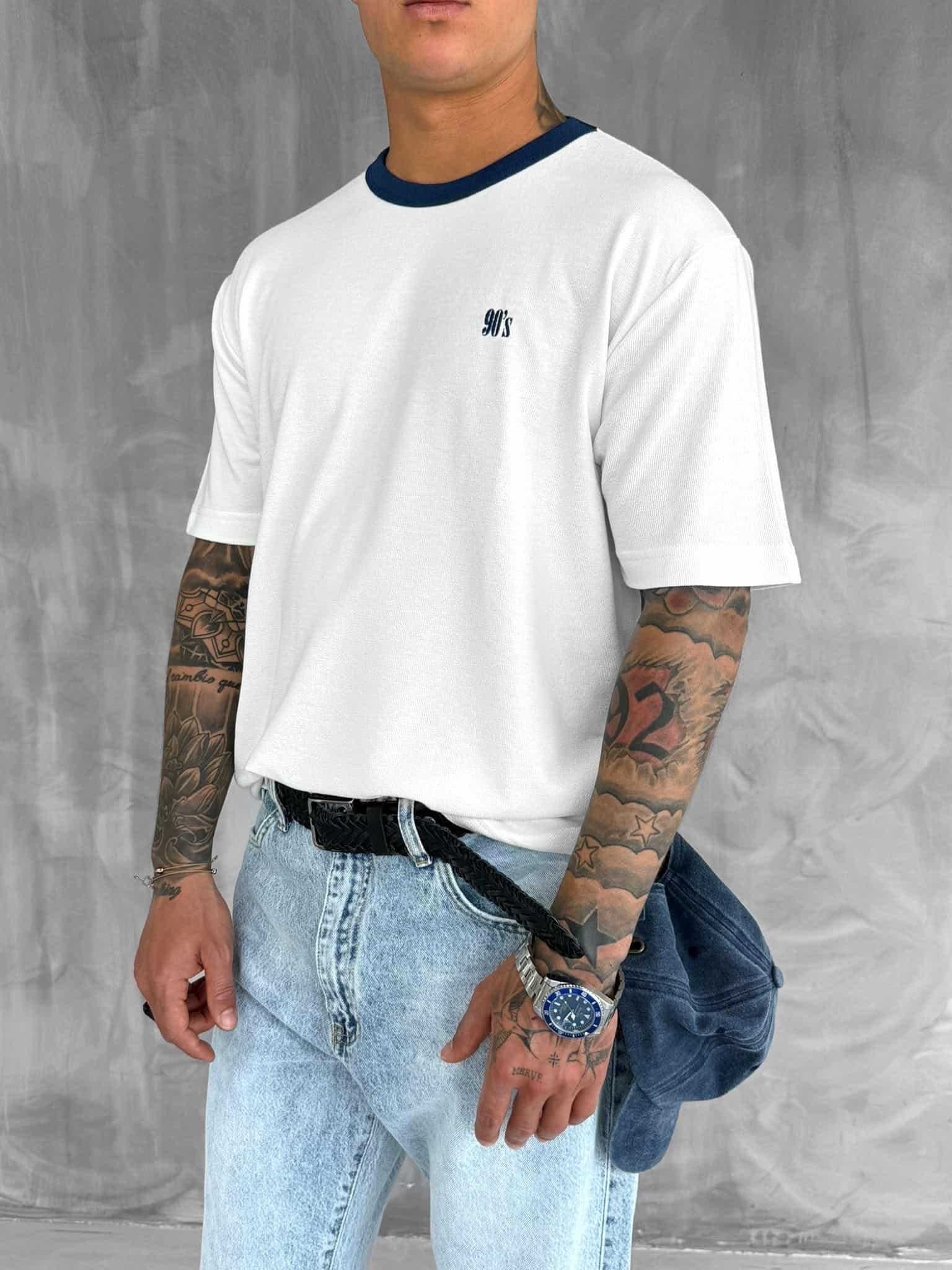Erkek Kontrast Detaylı Oversize Basic T-Shirt Ekru