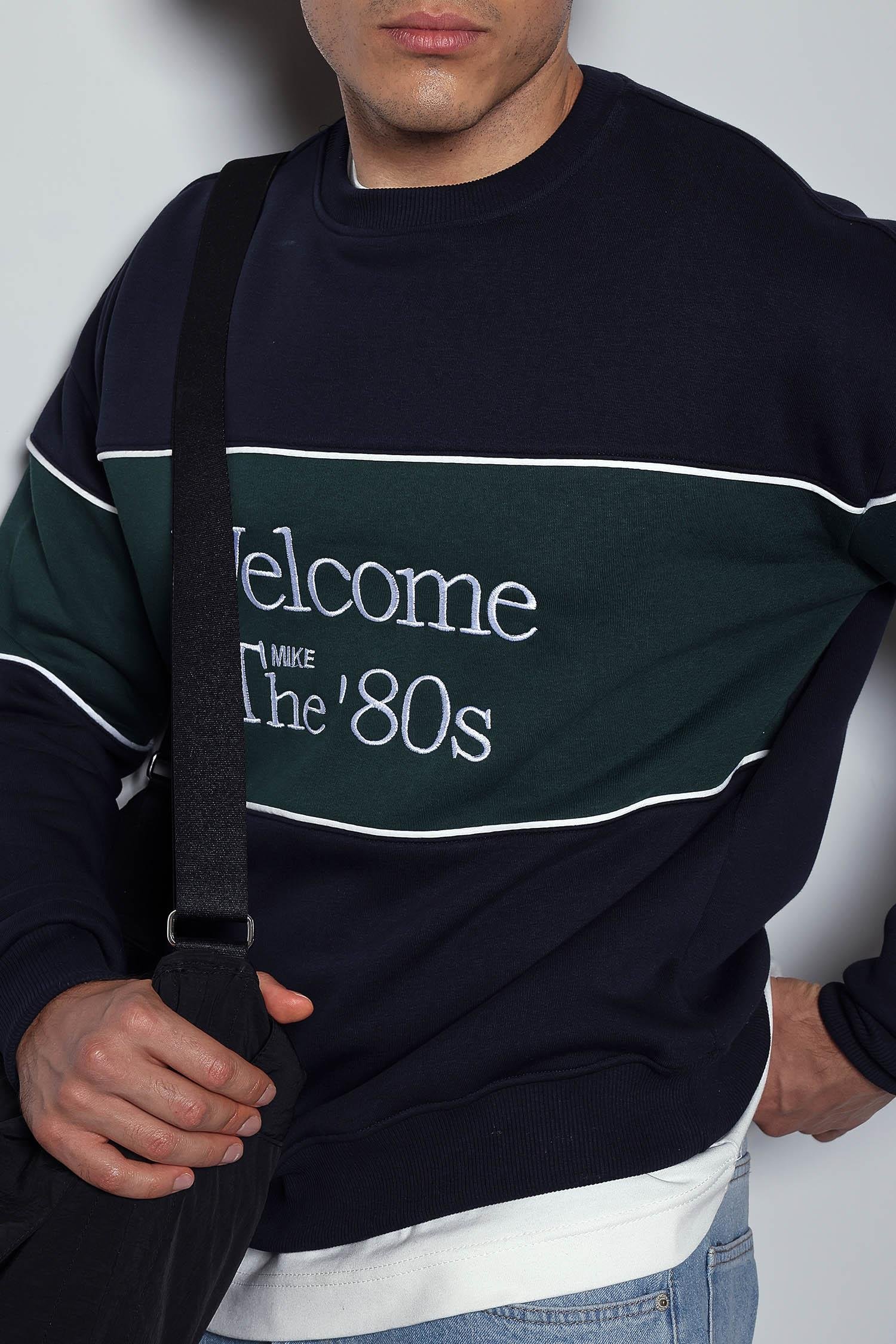 Erkek Nakışlı Blok Detaylı Oversize Sweatshirt Lacivert