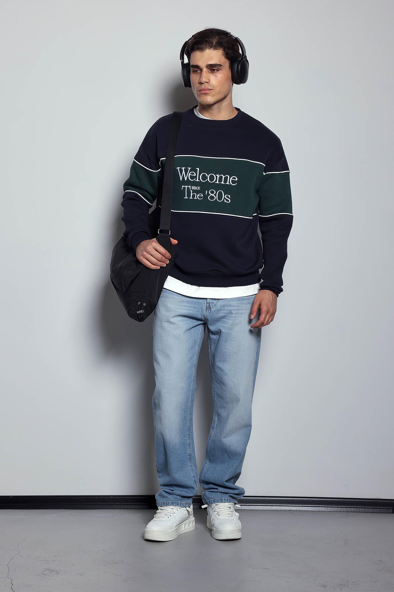 Erkek Nakışlı Blok Detaylı Oversize Sweatshirt Lacivert