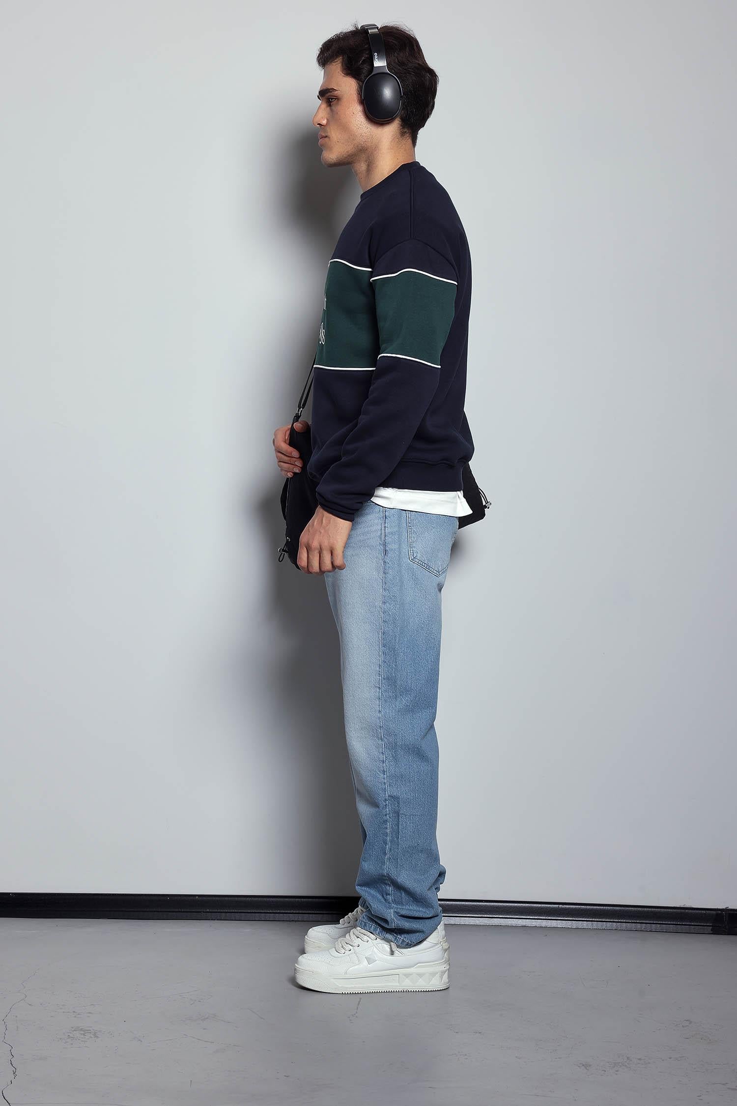 Erkek Nakışlı Blok Detaylı Oversize Sweatshirt Lacivert