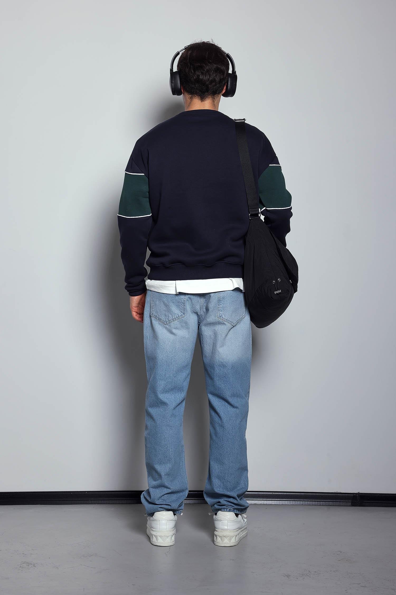 Erkek Nakışlı Blok Detaylı Oversize Sweatshirt Lacivert
