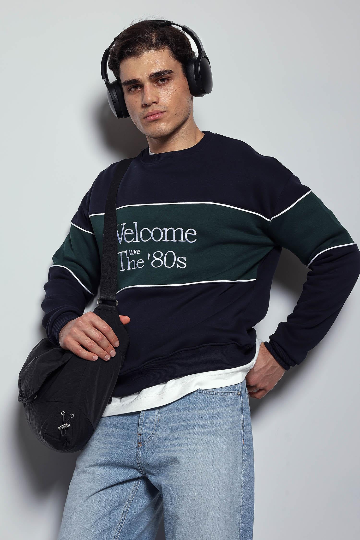 Erkek Nakışlı Blok Detaylı Oversize Sweatshirt Lacivert