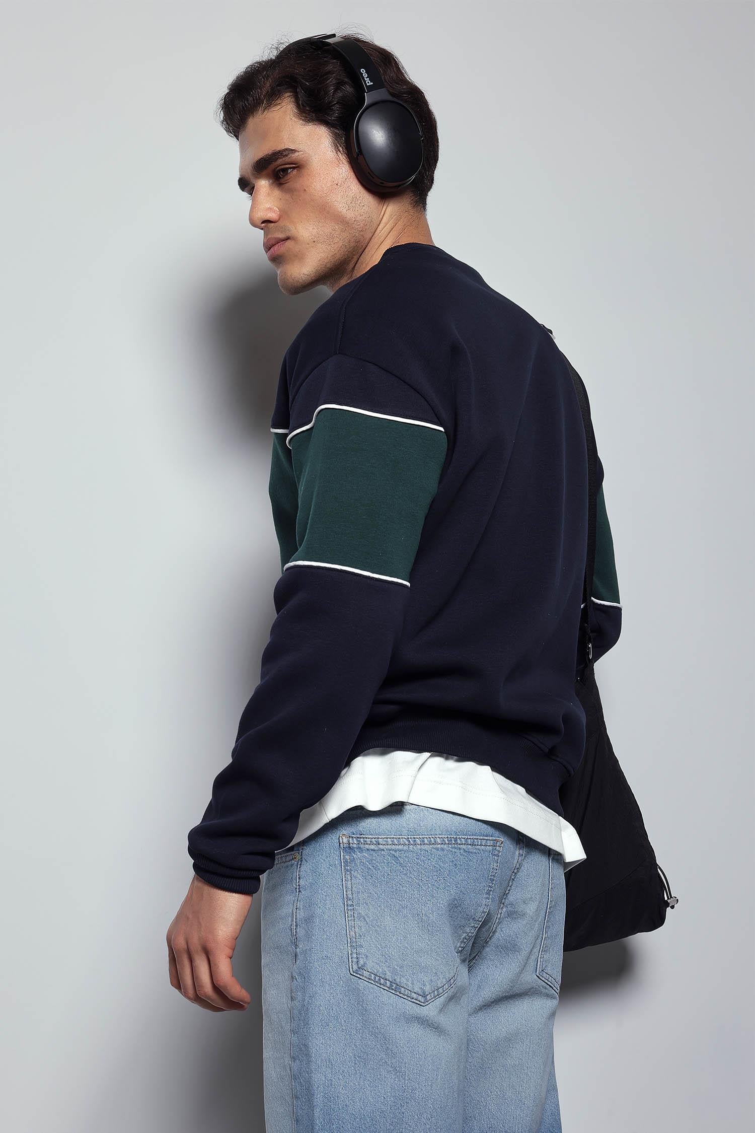 Erkek Nakışlı Blok Detaylı Oversize Sweatshirt Lacivert