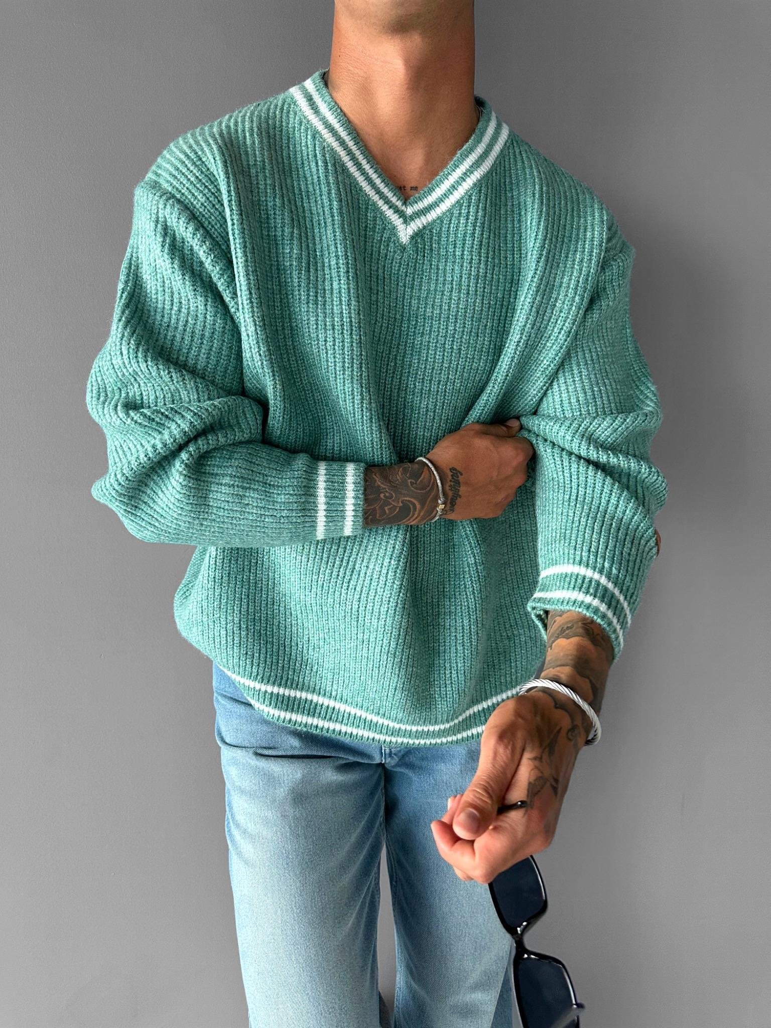 Erkek Oversize %100 Pamuk V Yaka Triko Kazak Mint