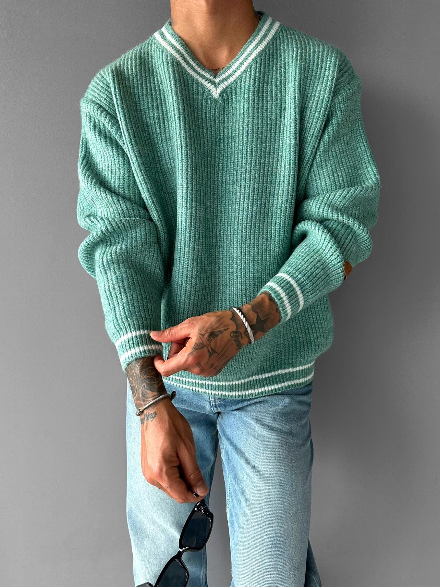 Erkek Oversize %100 Pamuk V Yaka Triko Kazak Mint