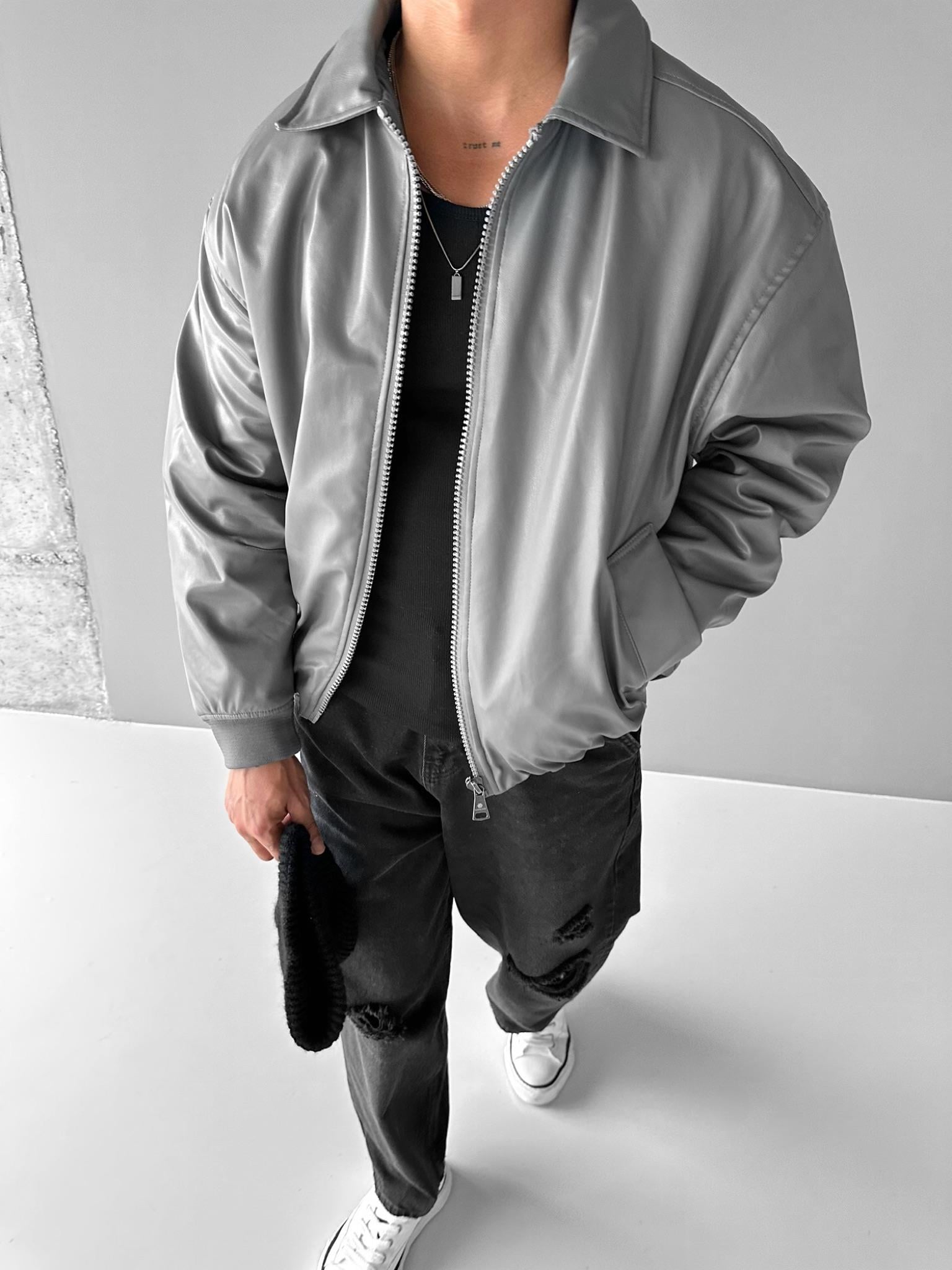 Erkek Oversize Basic Deri Ceket Gri