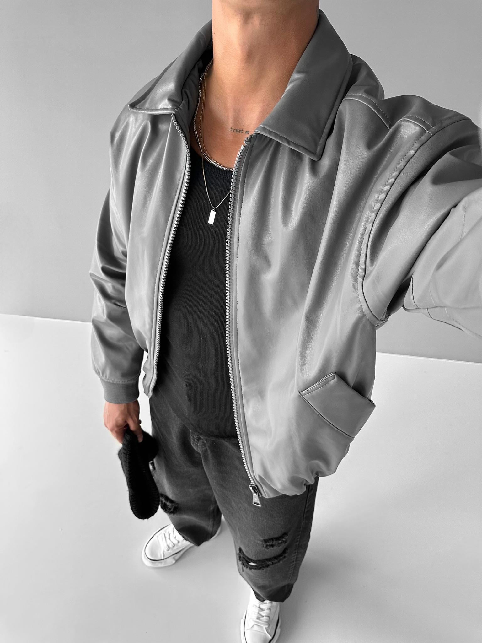 Erkek Oversize Basic Deri Ceket Gri