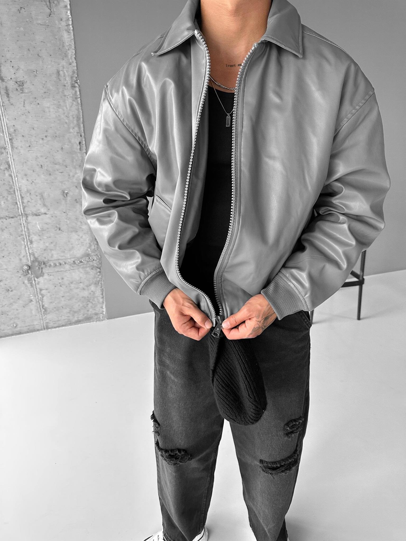 Erkek Oversize Basic Deri Ceket Gri