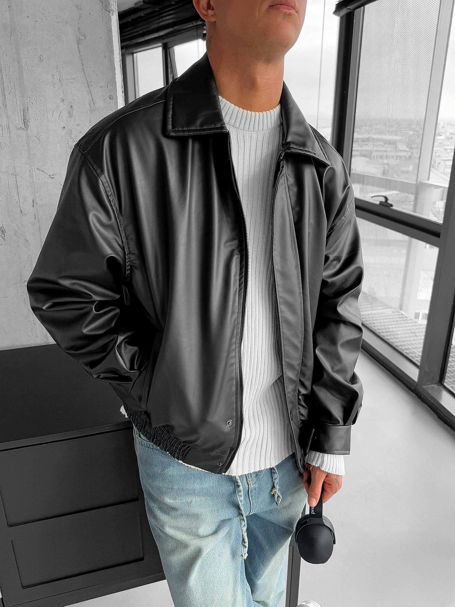 Erkek Oversize Basic Deri Ceket Siyah