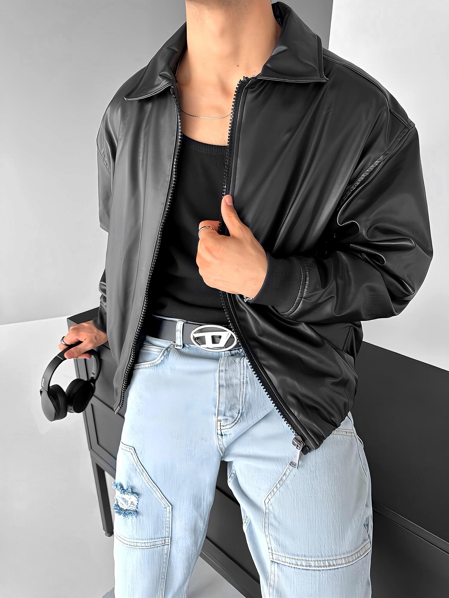 Erkek Oversize Basic Deri Ceket Siyah