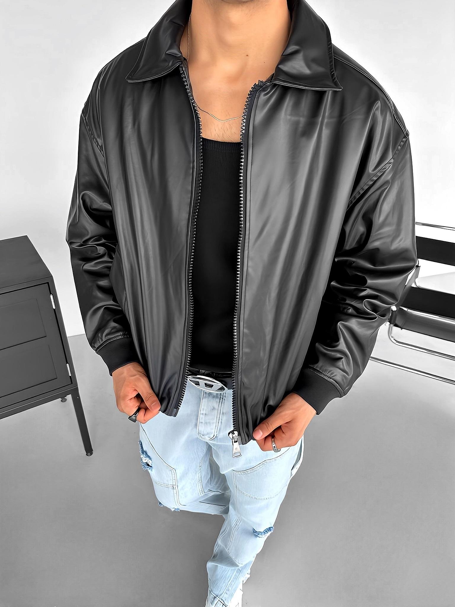 Erkek Oversize Basic Deri Ceket Siyah