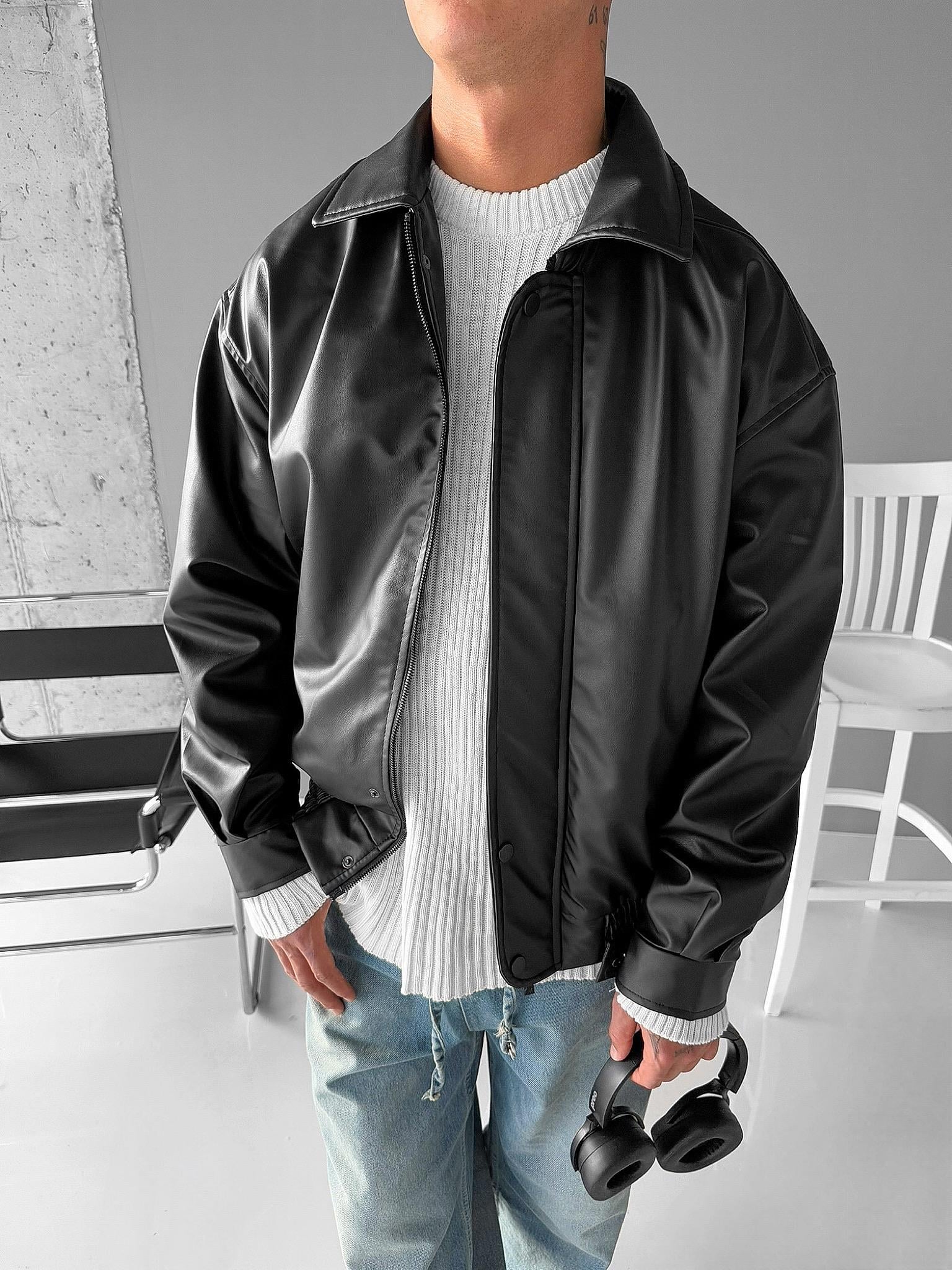 Erkek Oversize Basic Deri Ceket Siyah