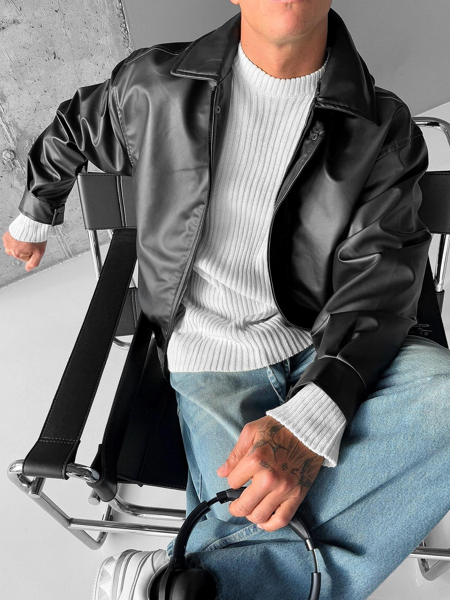 Erkek Oversize Basic Deri Ceket Siyah