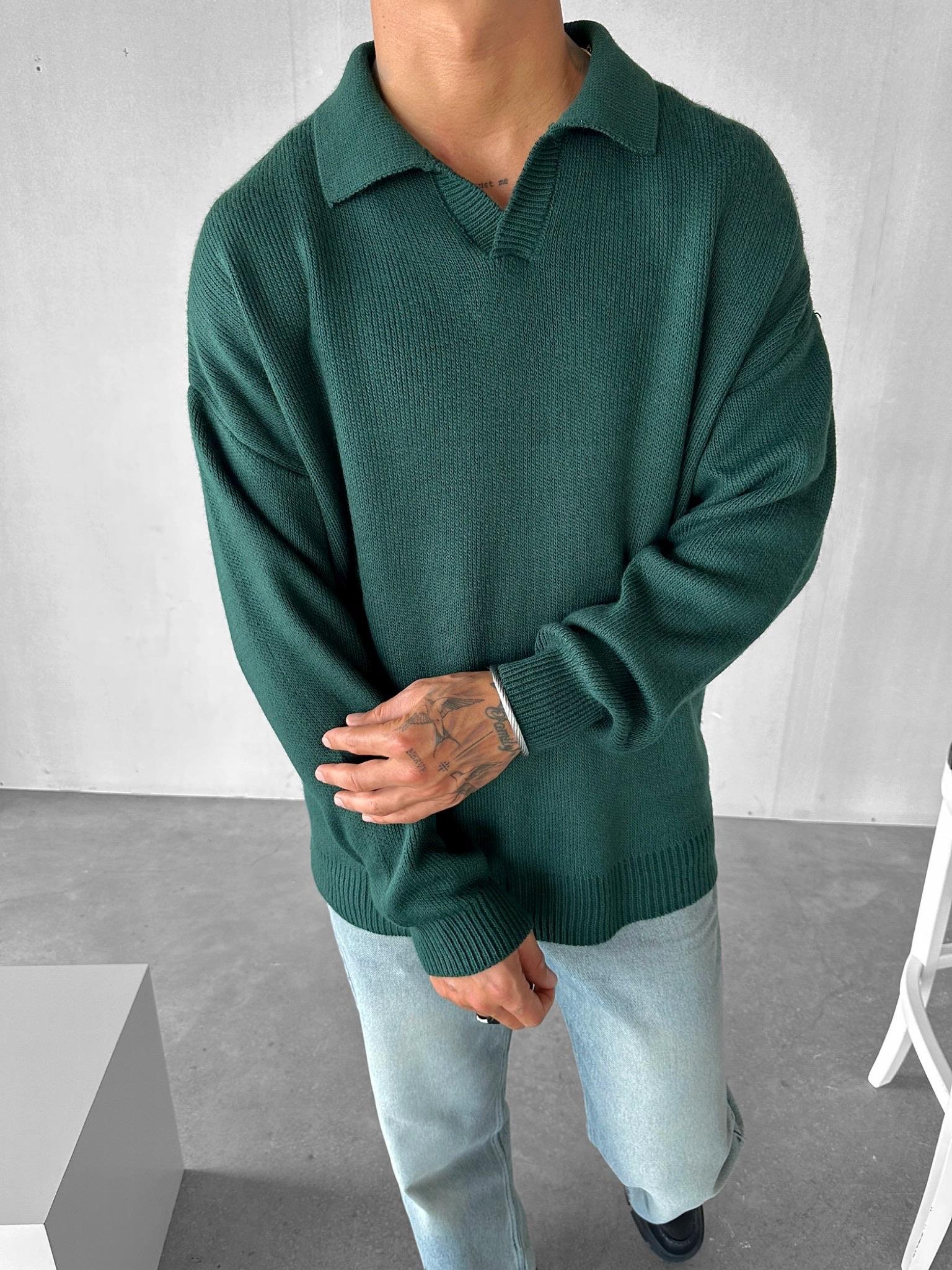 Erkek Oversize Basic Polo V Yaka Triko Kazak Yeşil