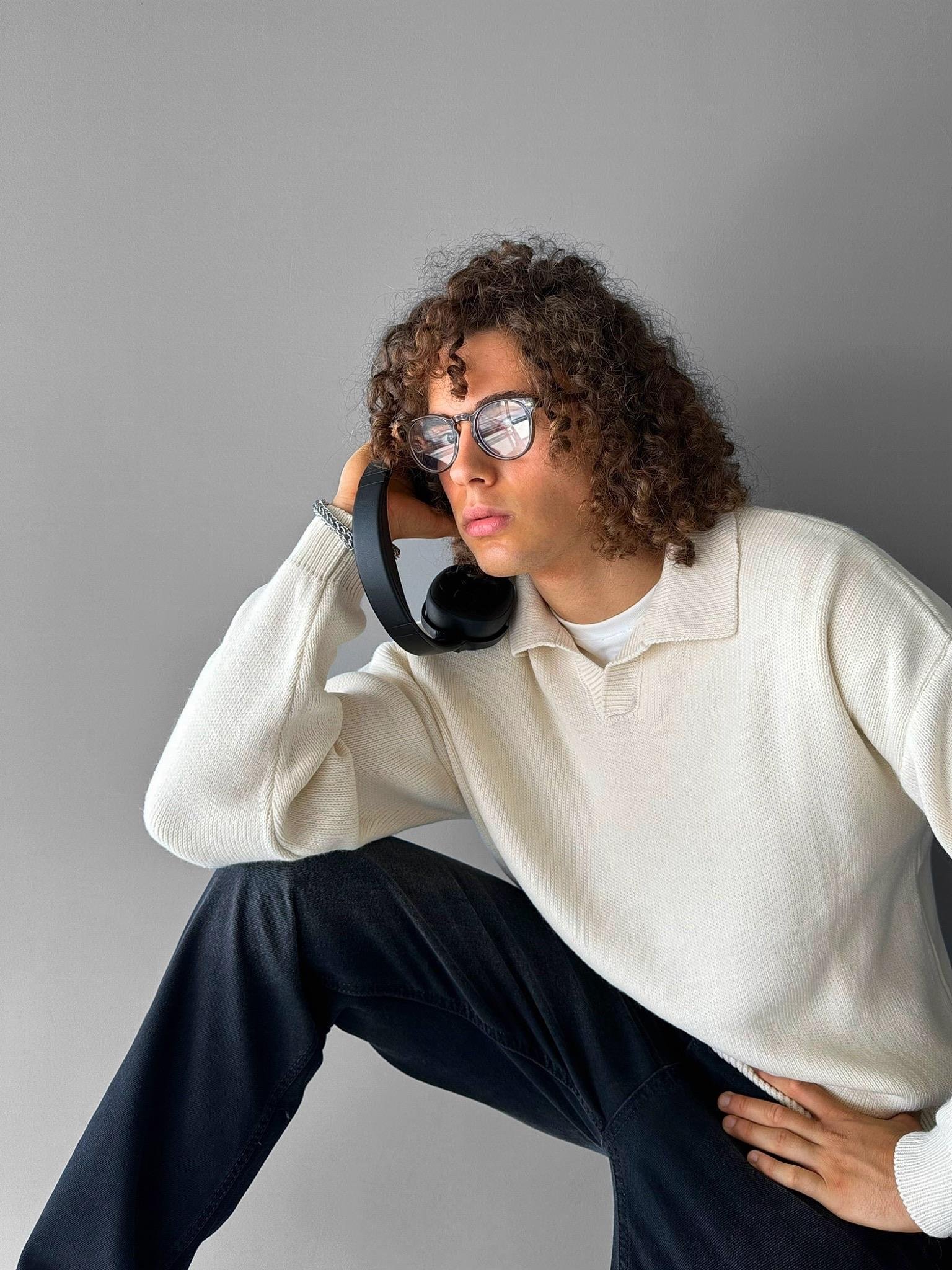 Erkek Oversize Basic Polo V Yaka Triko Kazak Bej