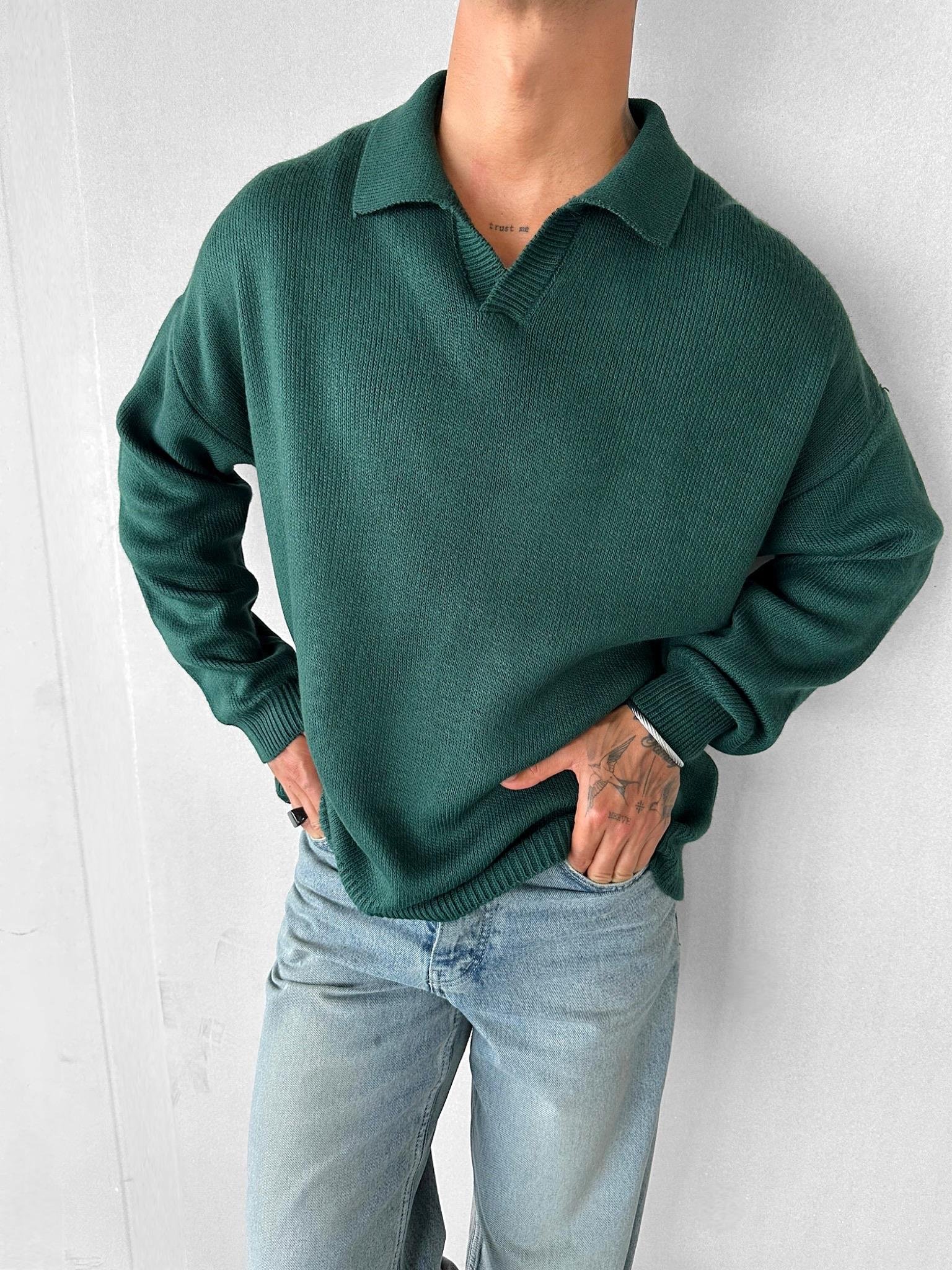 Erkek Oversize Basic Polo V Yaka Triko Kazak Yeşil