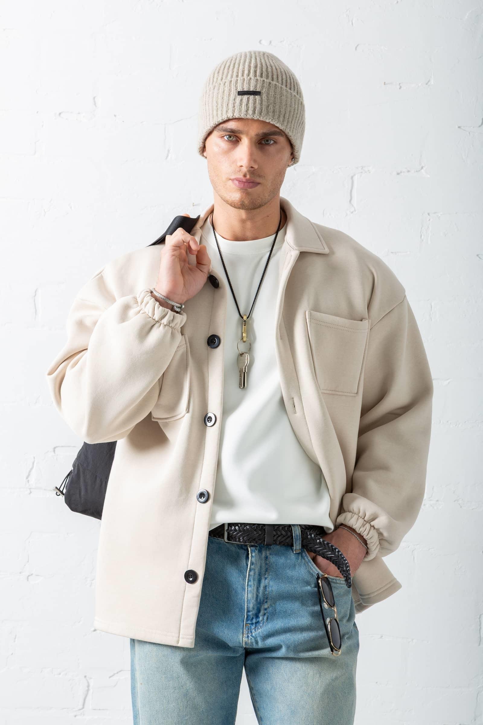 Erkek Oversize Basic Rahat Ceket Bej
