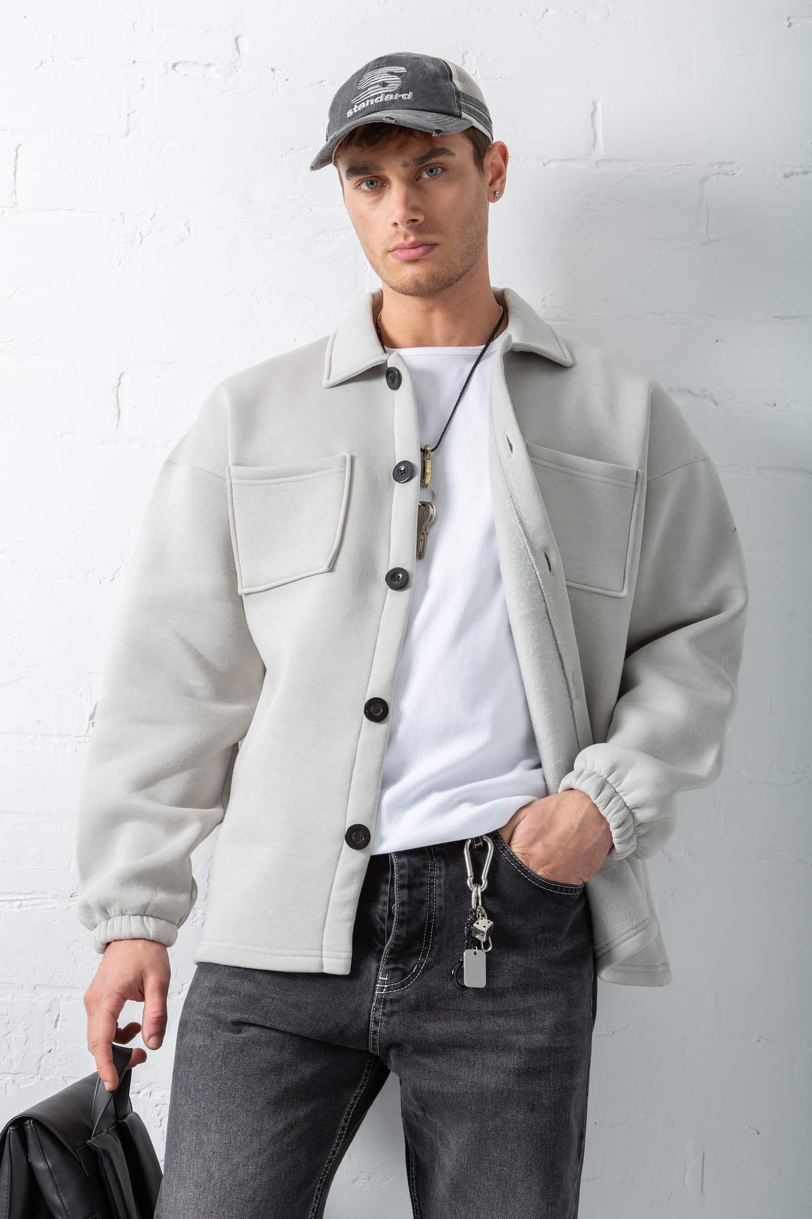 Erkek Oversize Basic Rahat Ceket Gri