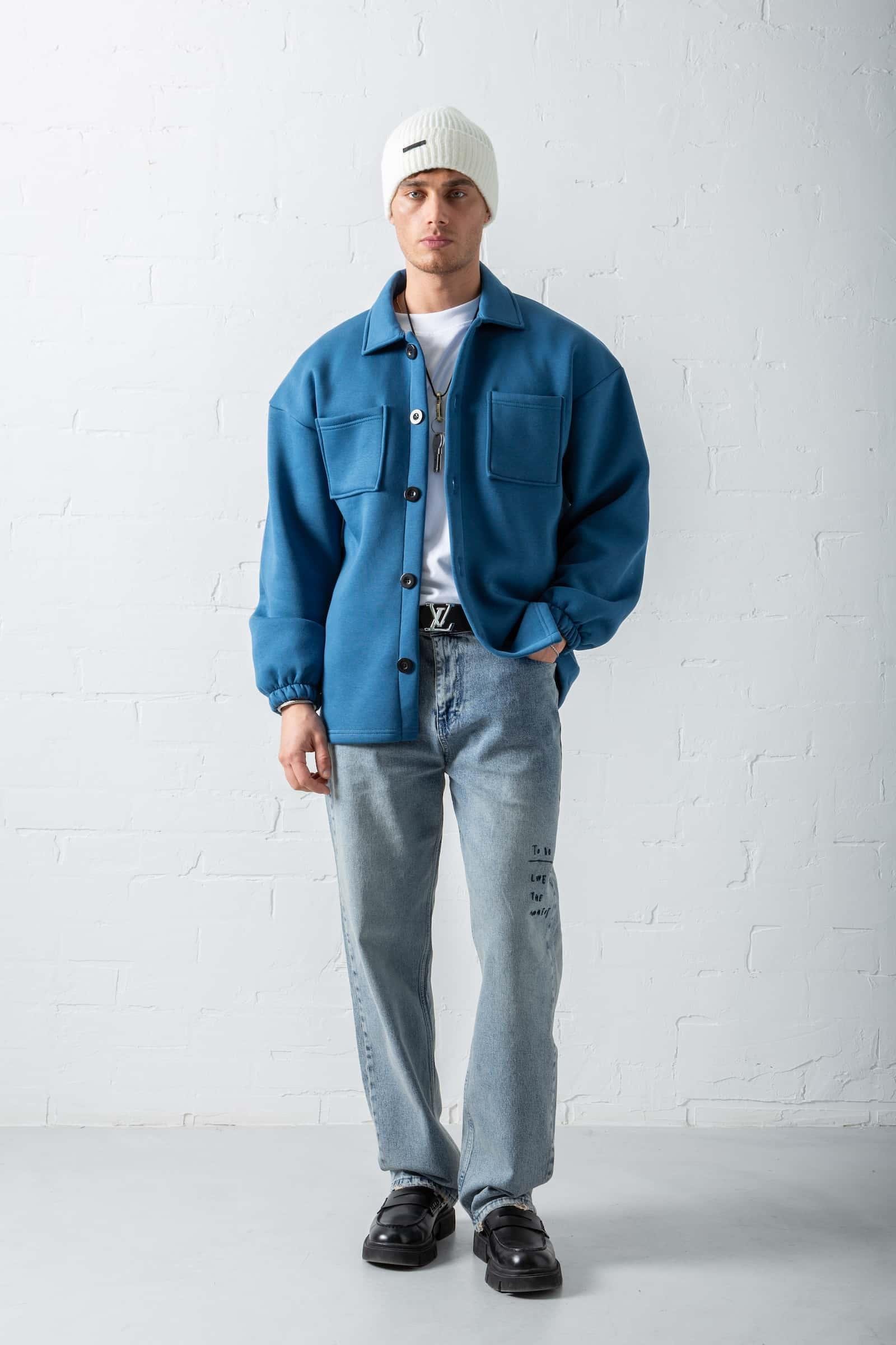 Erkek Oversize Basic Rahat Ceket Mavi