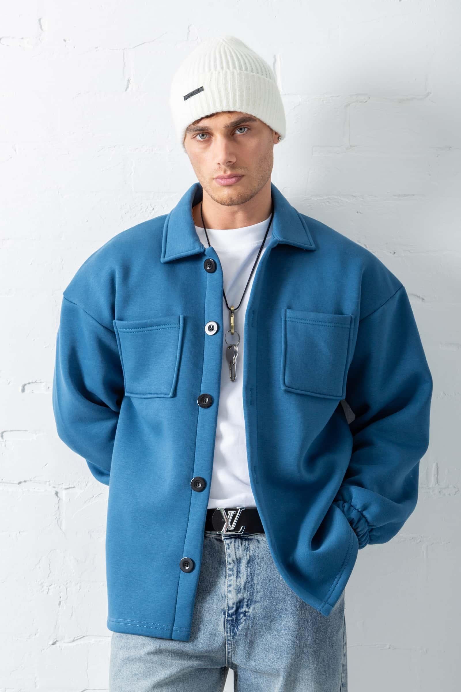 Erkek Oversize Basic Rahat Ceket Mavi