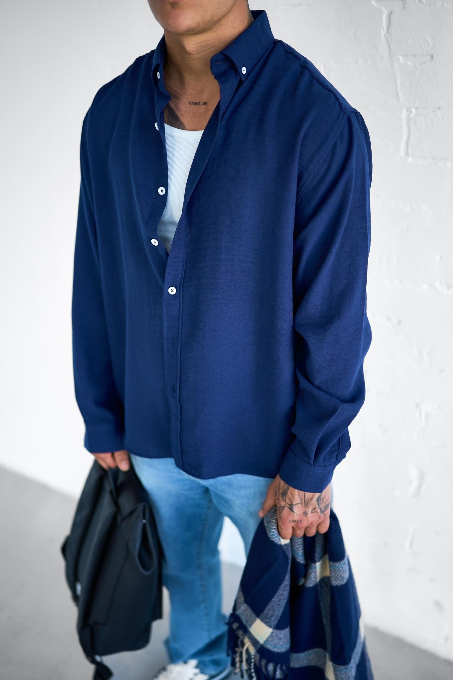 Erkek Oversize Basic Rahat Gömlek Lacivert