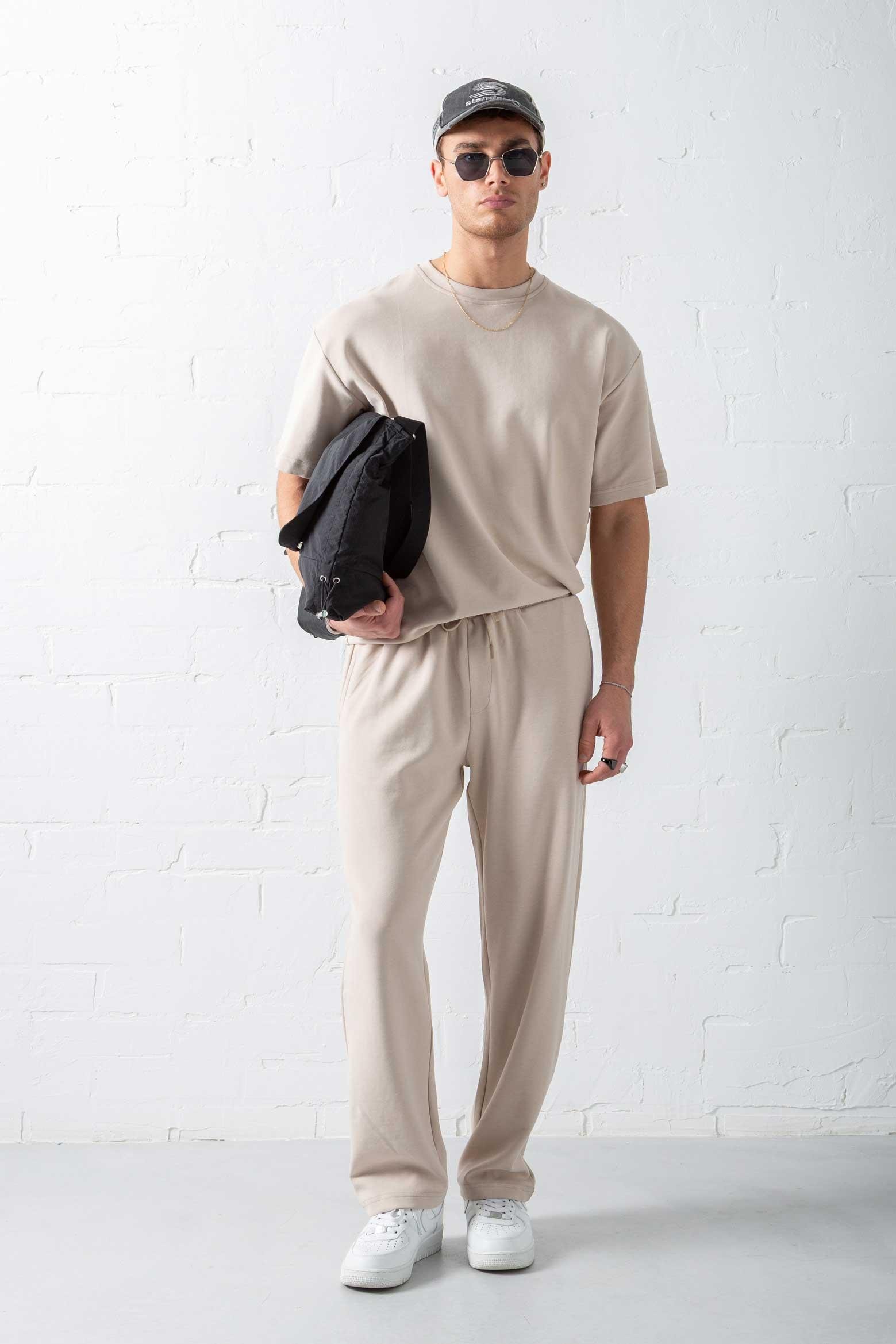 Erkek Oversize Basic Rahat T-Shirt Bej