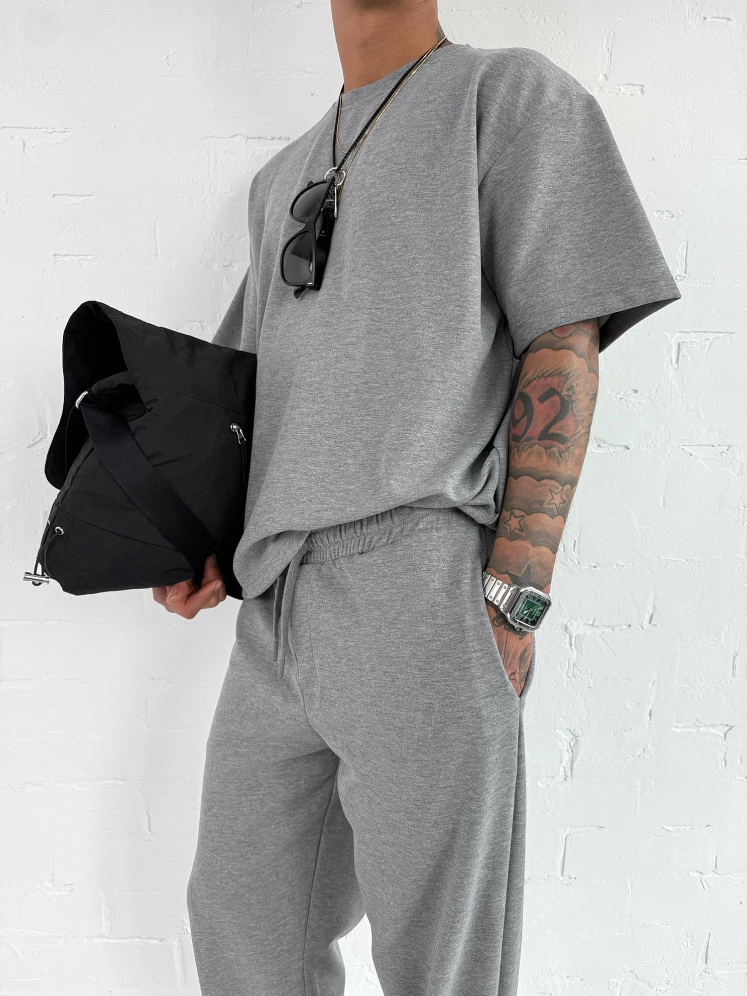 Erkek Oversize Basic Rahat T-Shirt Gri Melanj