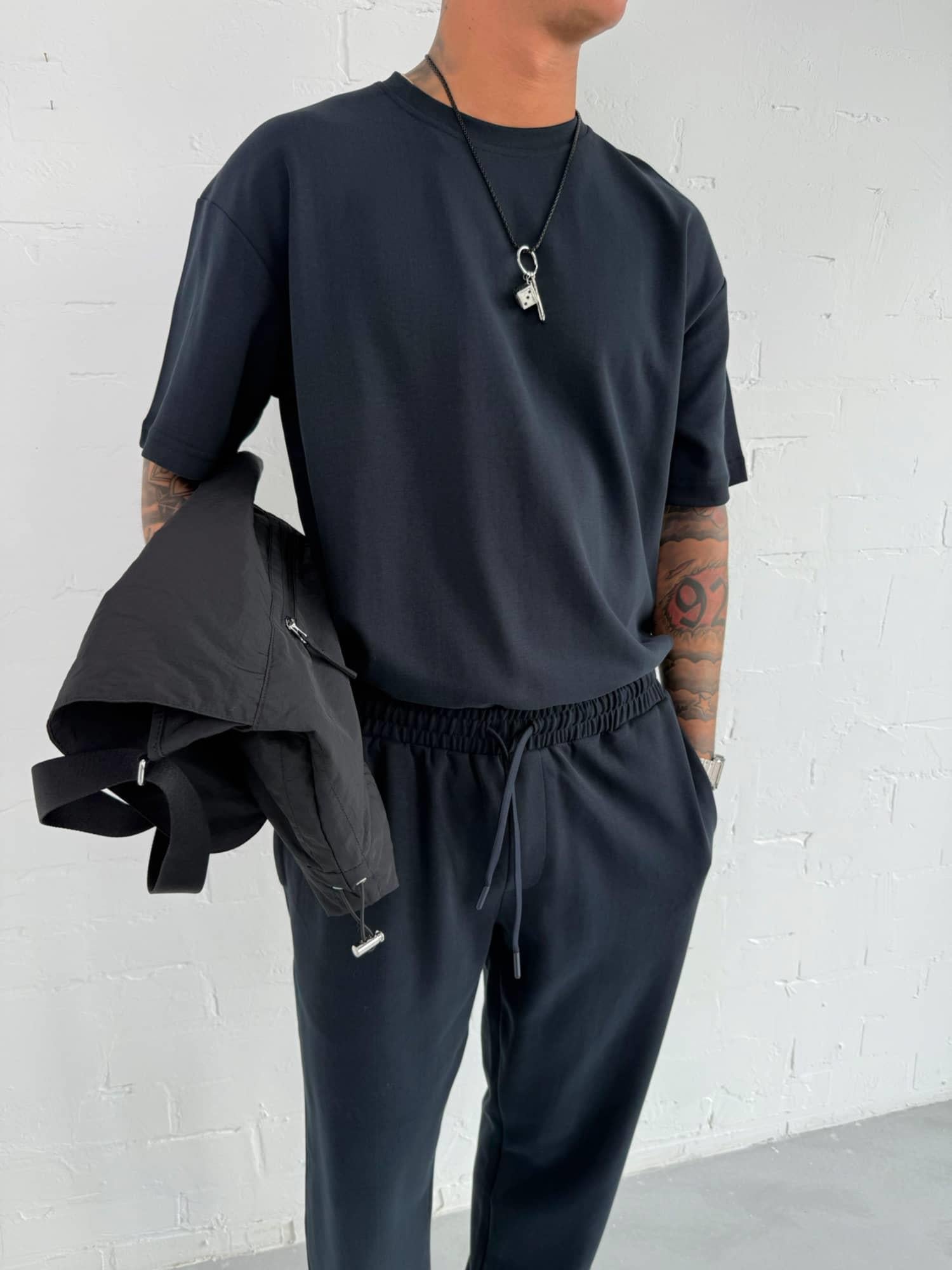 Erkek Oversize Basic Rahat T-Shirt Lacivert