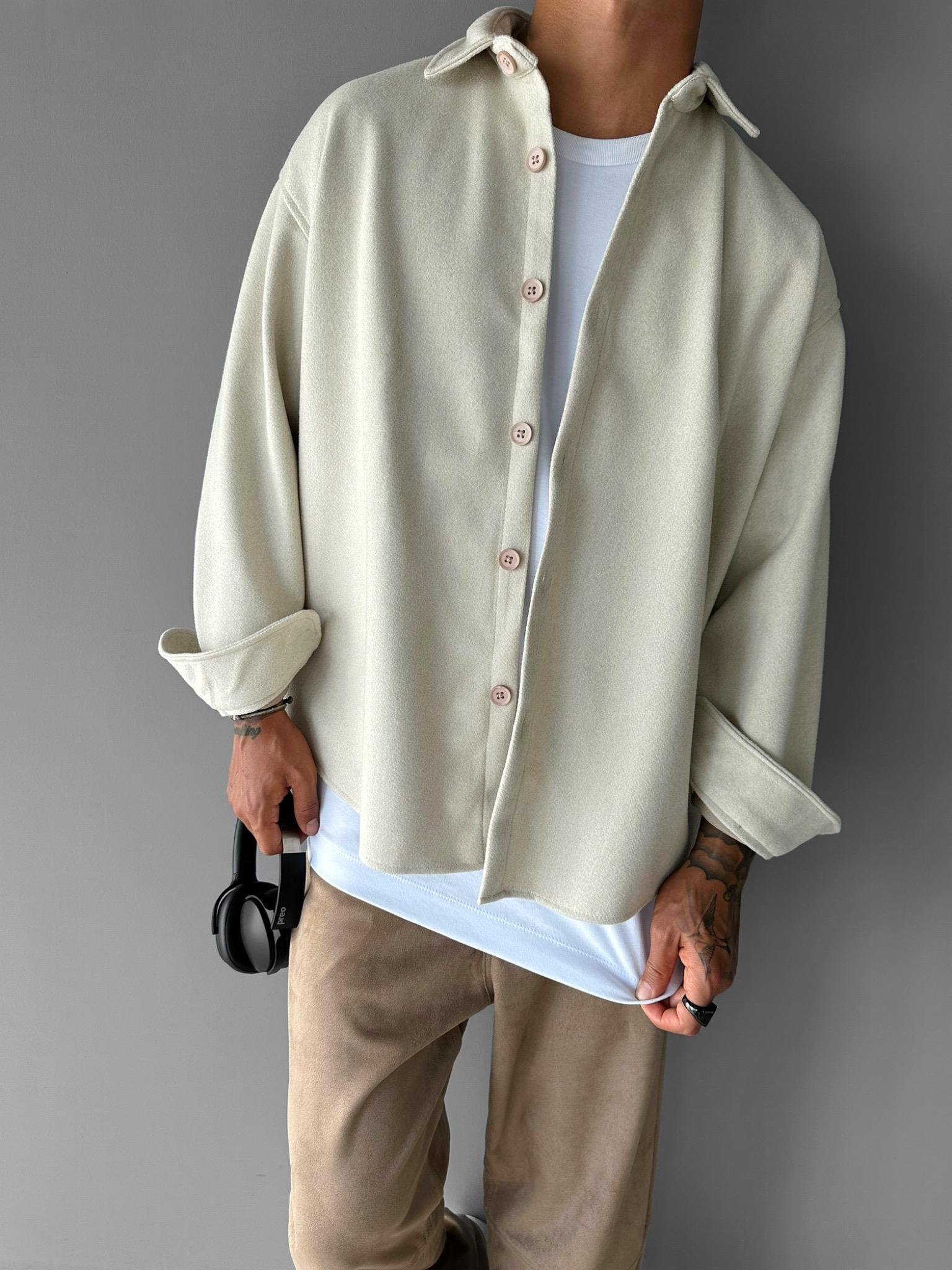 Erkek Oversize Basic Uzun Kollu Kaşe Gömlek Krem