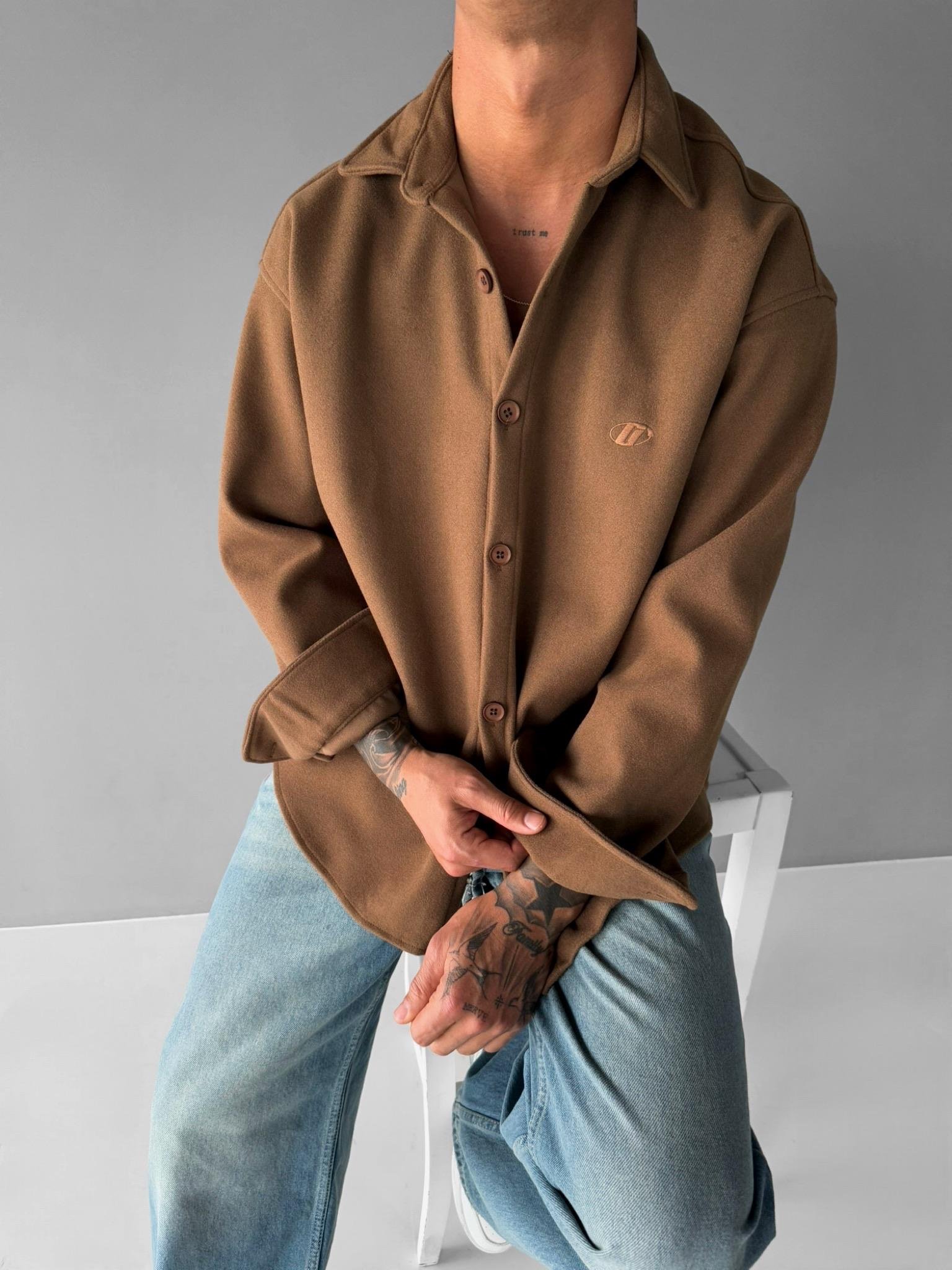 Erkek Oversize Basic Uzun Kollu Kaşe Gömlek Taba
