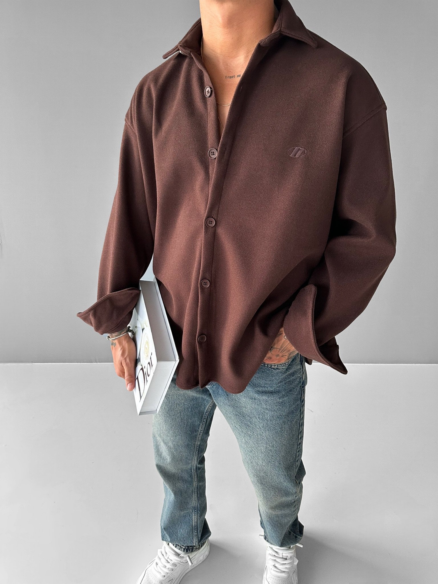Erkek Oversize Basic Uzun Kollu Kaşe Gömlek Kahverengi