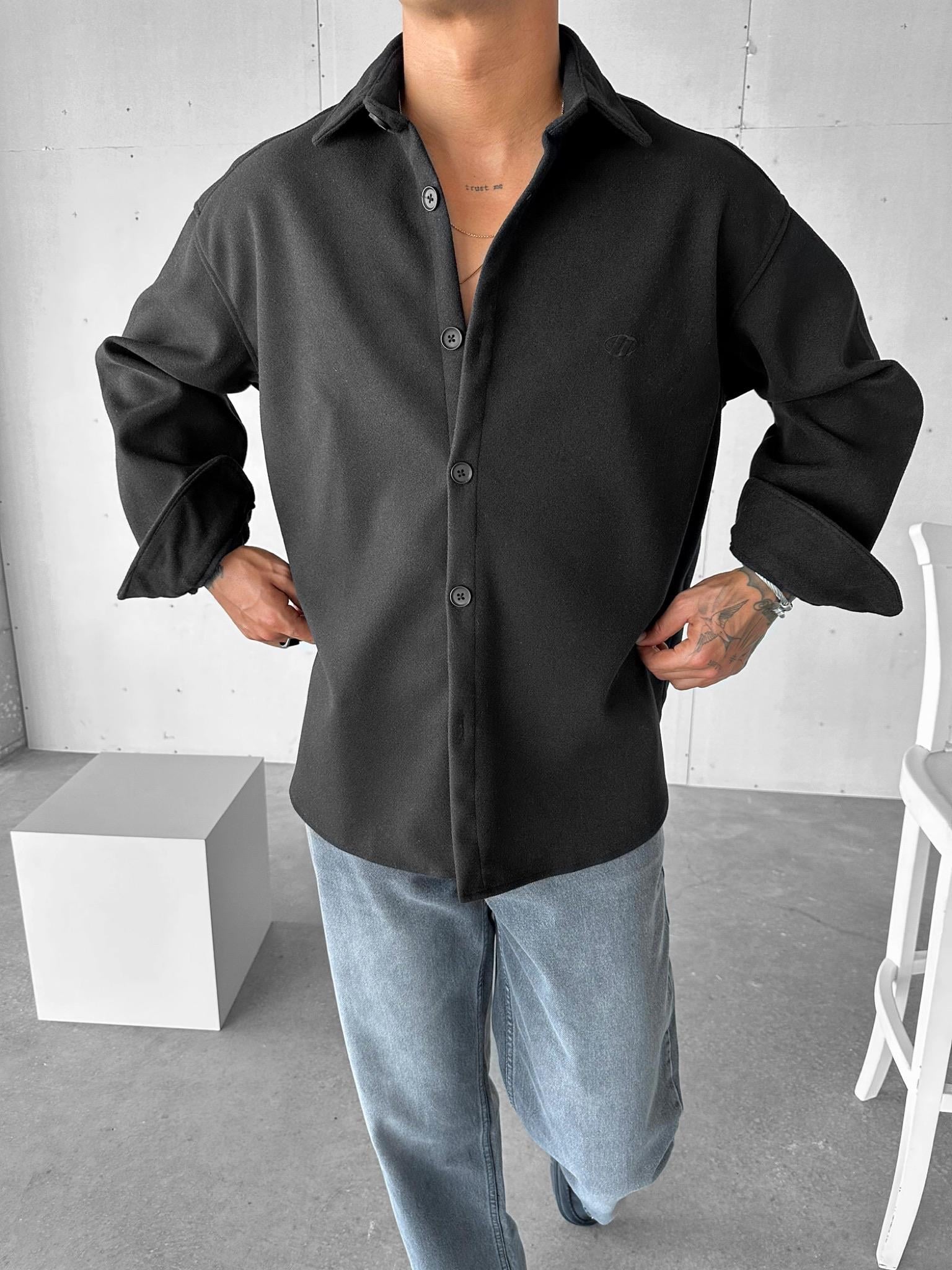 Erkek Oversize Basic Uzun Kollu Kaşe Gömlek Siyah