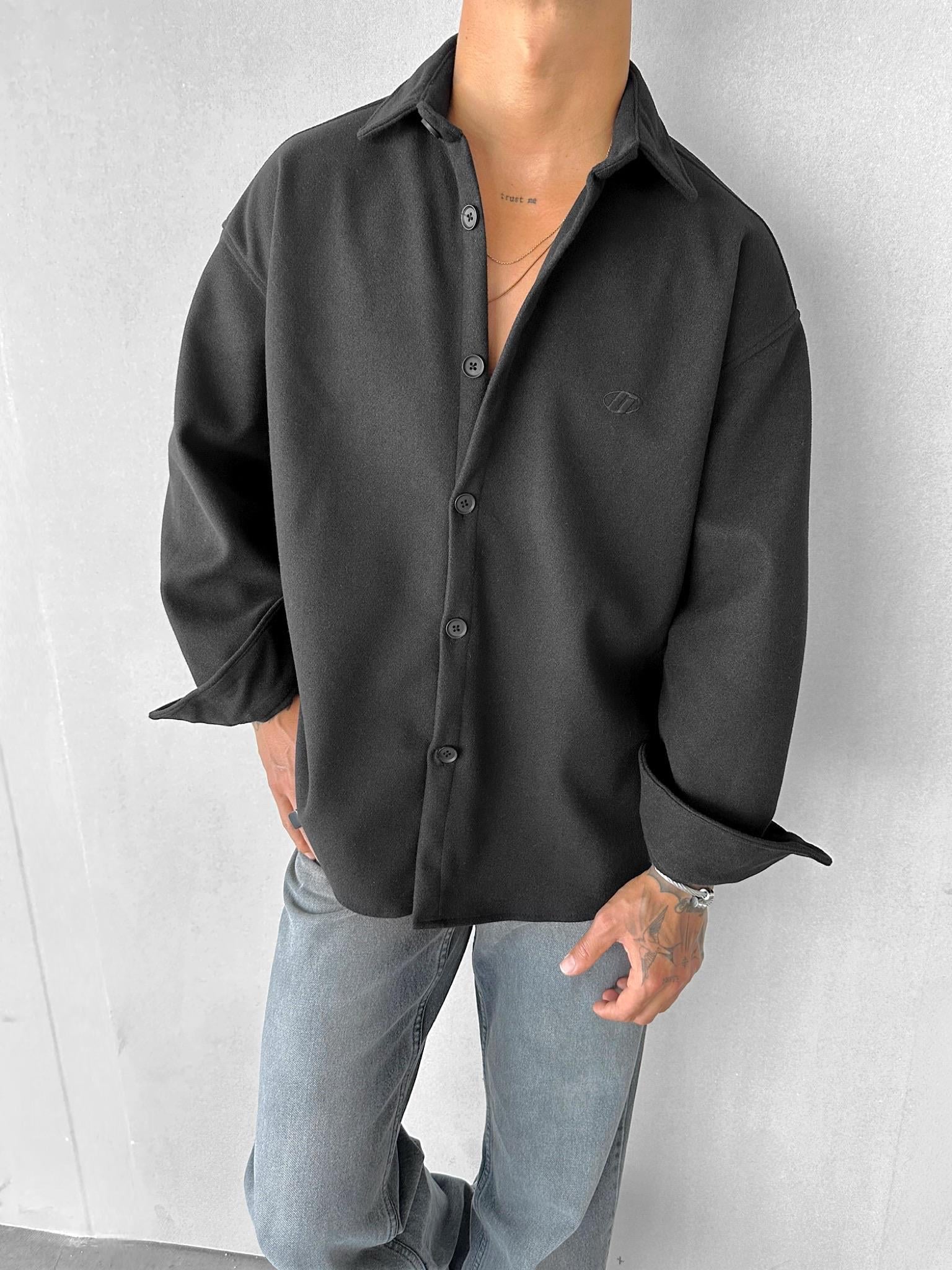 Erkek Oversize Basic Uzun Kollu Kaşe Gömlek Siyah