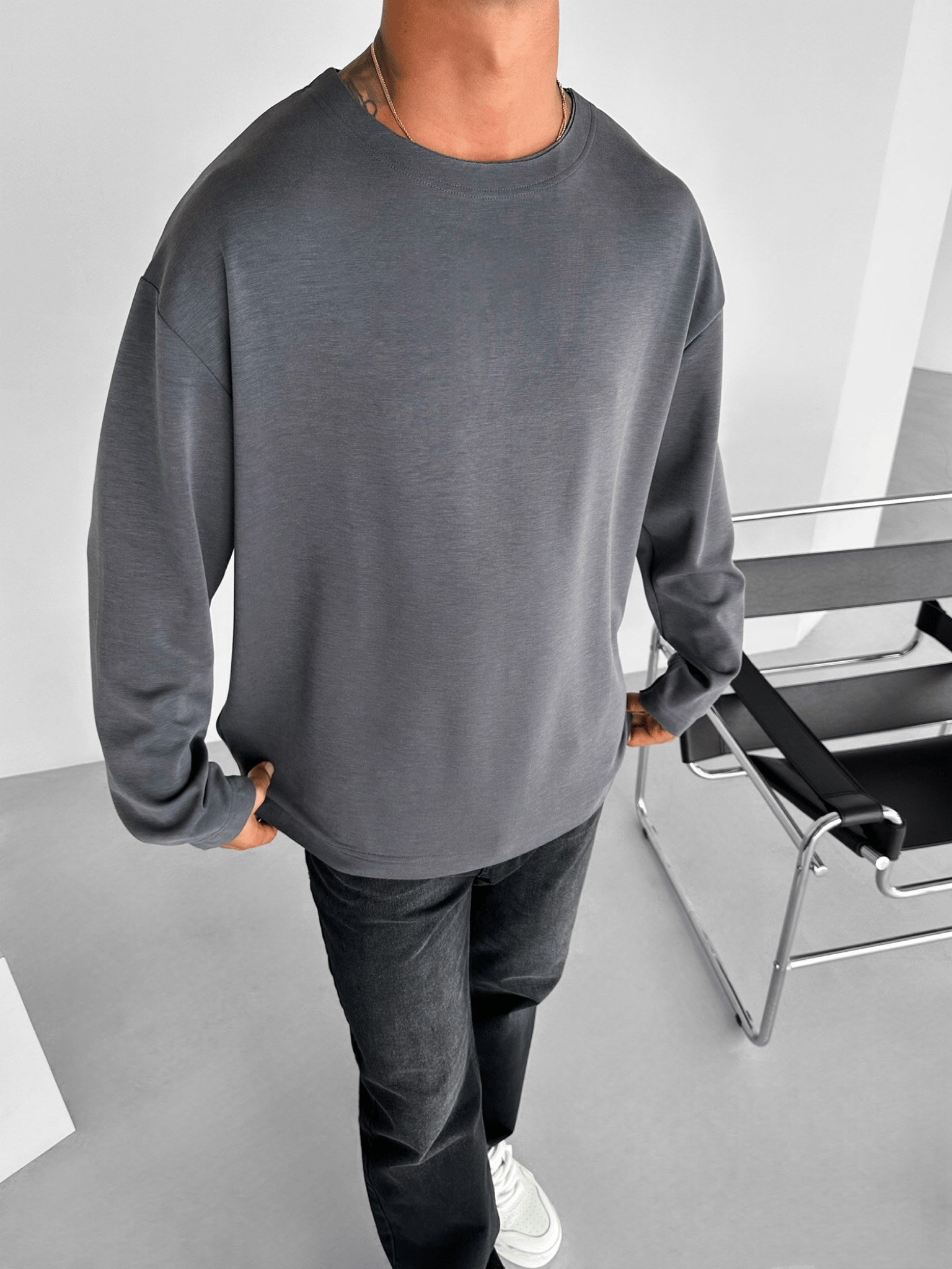 Erkek Oversize Basic Uzun Kollu Sweatshirt Antrasit