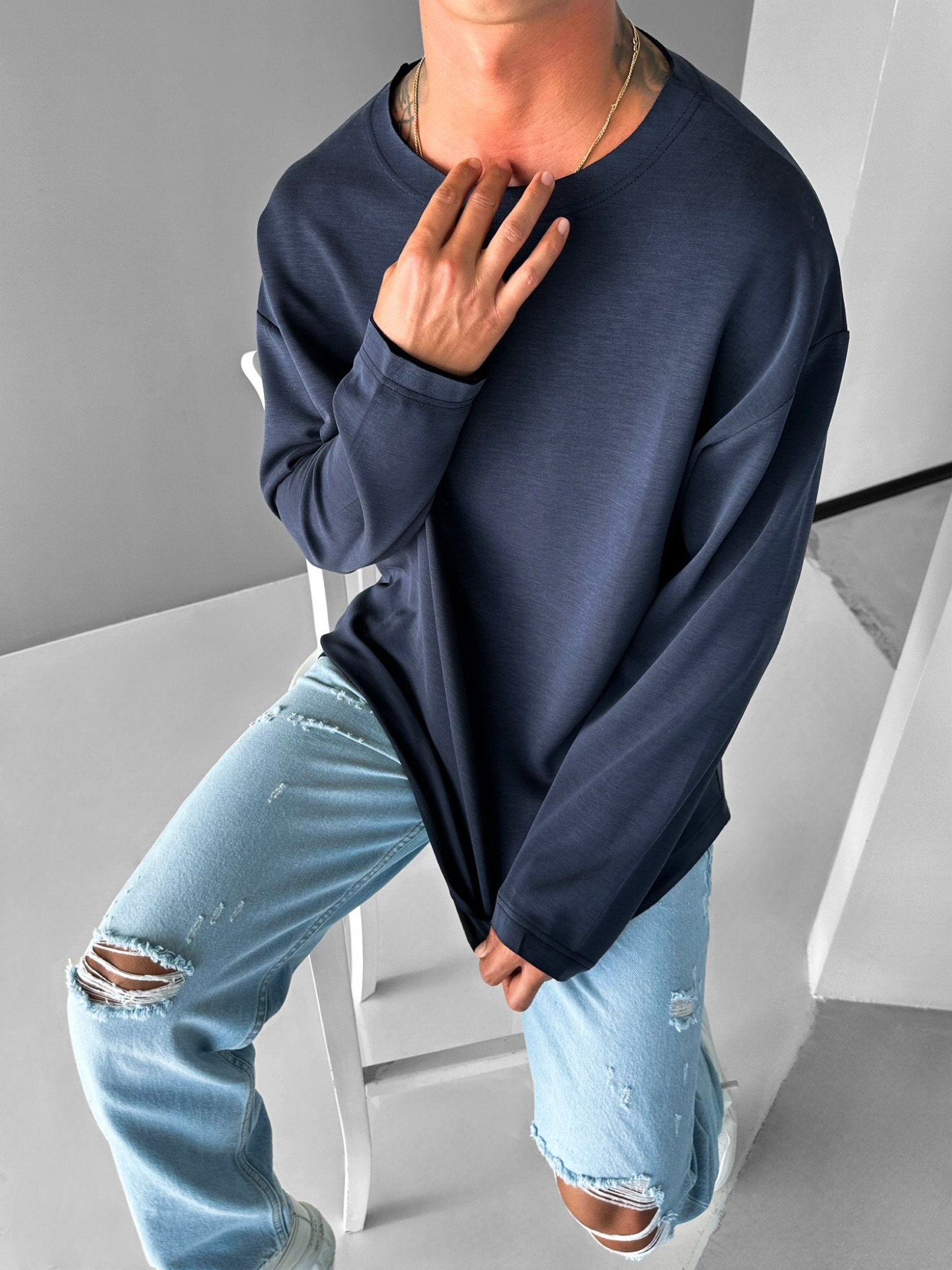Erkek Oversize Basic Uzun Kollu Sweatshirt Lacivert