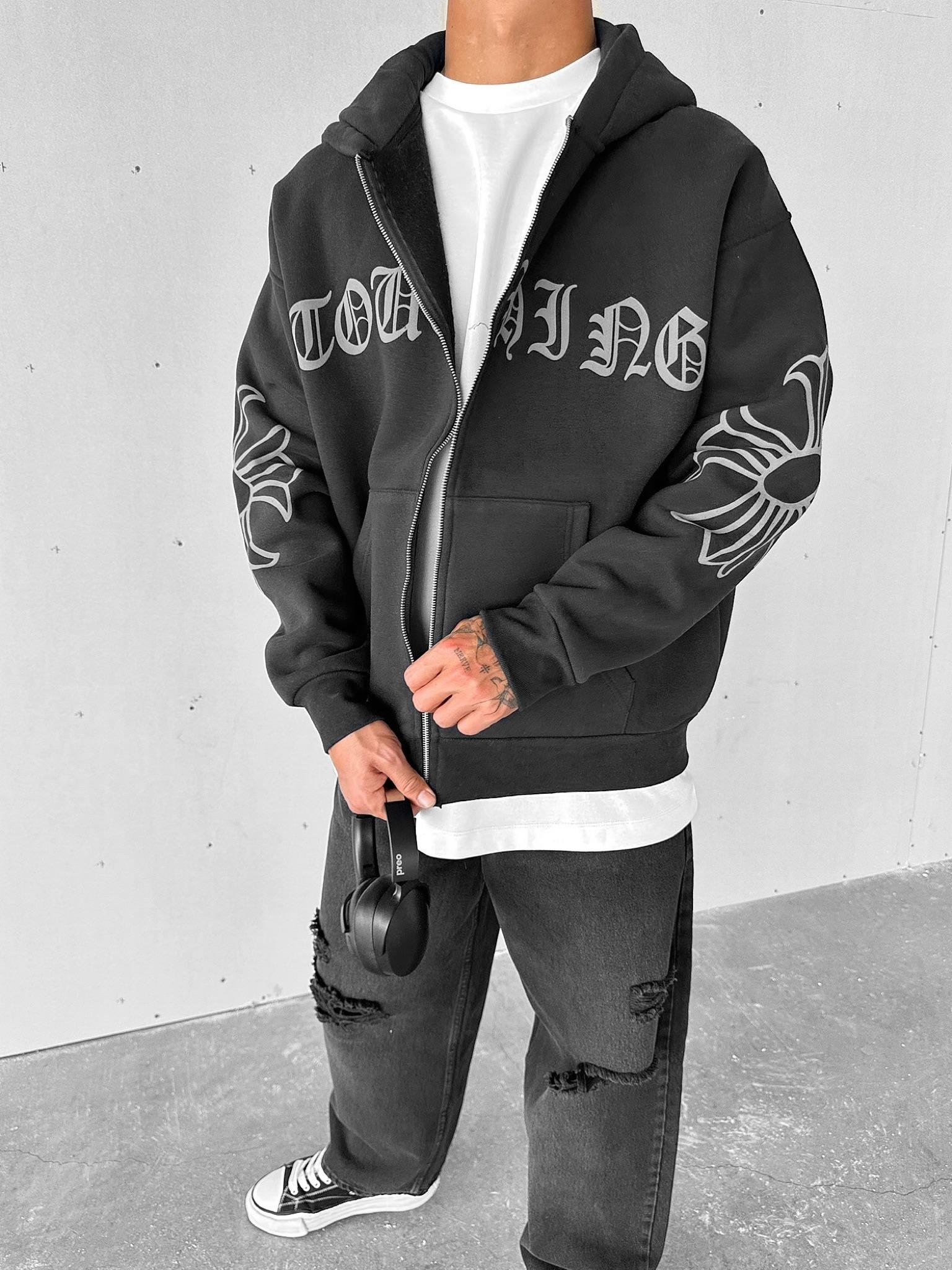 Erkek Oversize Baskılı Kanguru Cepli Fermuarlı Hoodie Füme