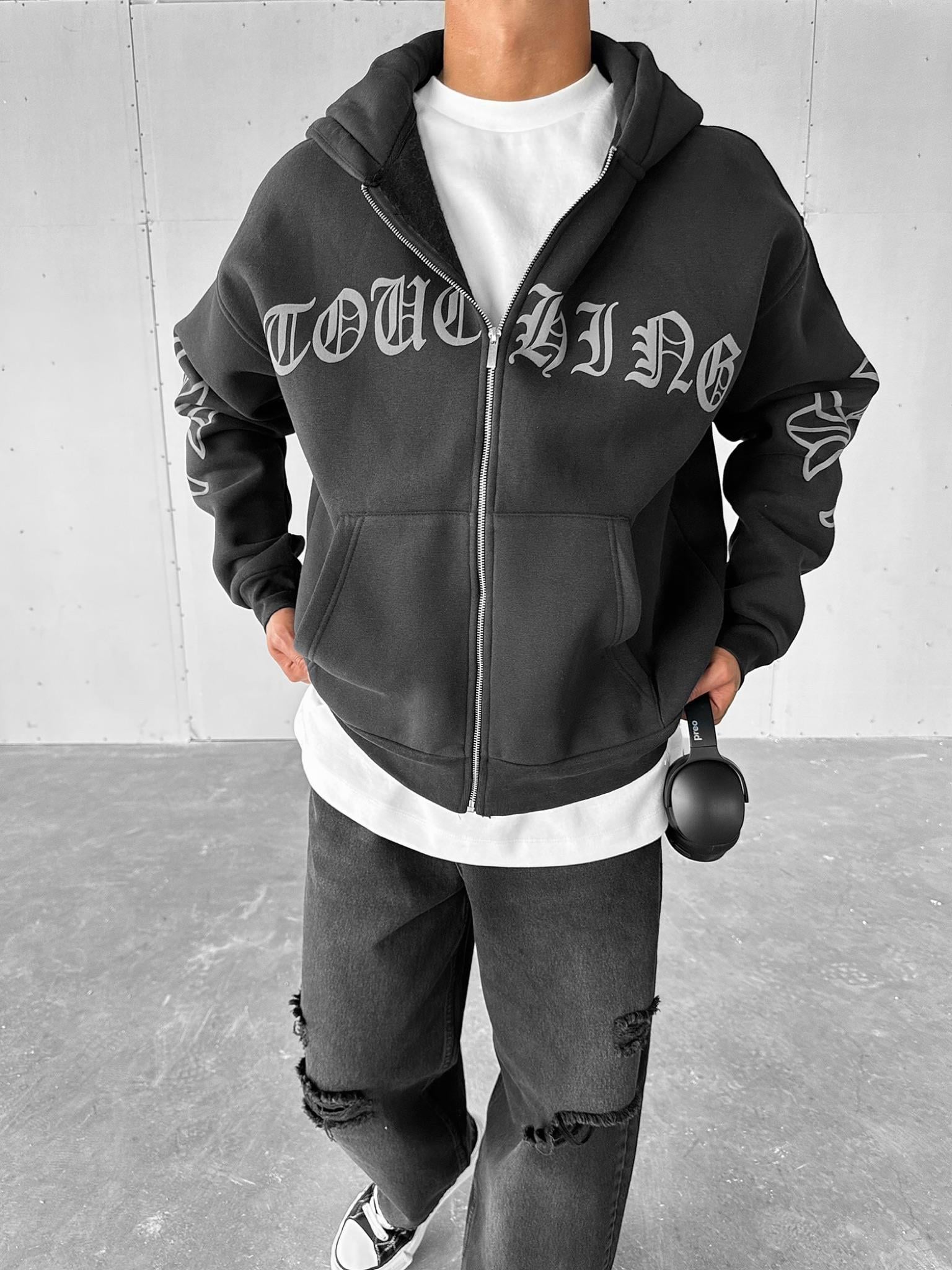 Erkek Oversize Baskılı Kanguru Cepli Fermuarlı Hoodie Füme