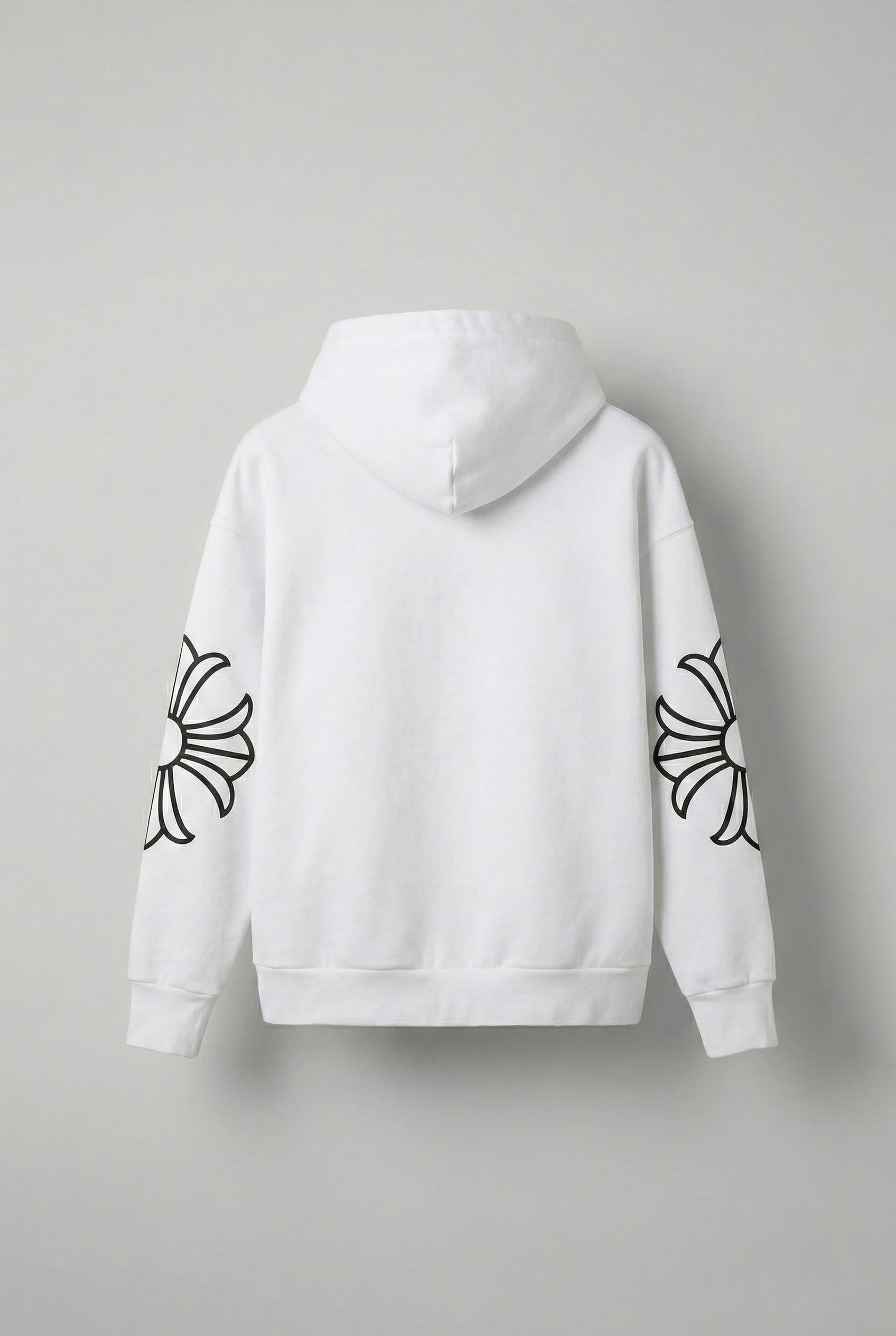 Erkek Oversize Baskılı Kanguru Cepli Fermuarlı Hoodie Beyaz