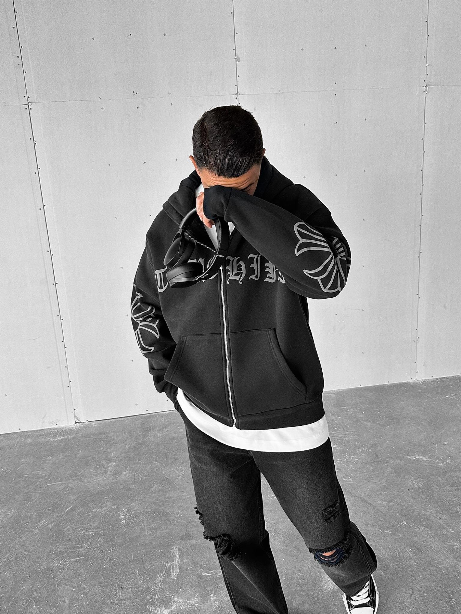Erkek Oversize Baskılı Kanguru Cepli Fermuarlı Hoodie Füme