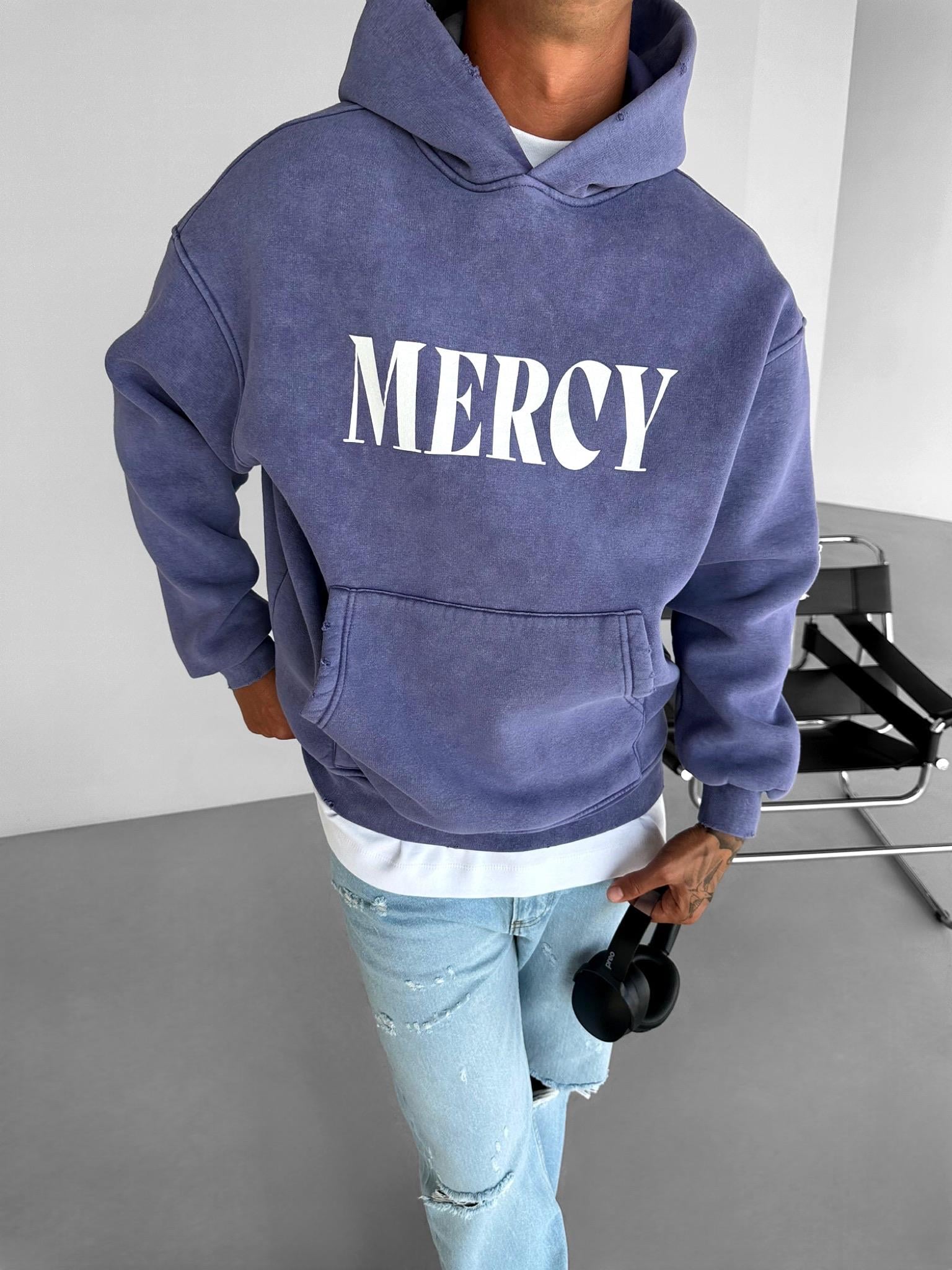 Erkek Oversize Baskılı Kapüşonlu Pamuklu Sweatshirt Mor