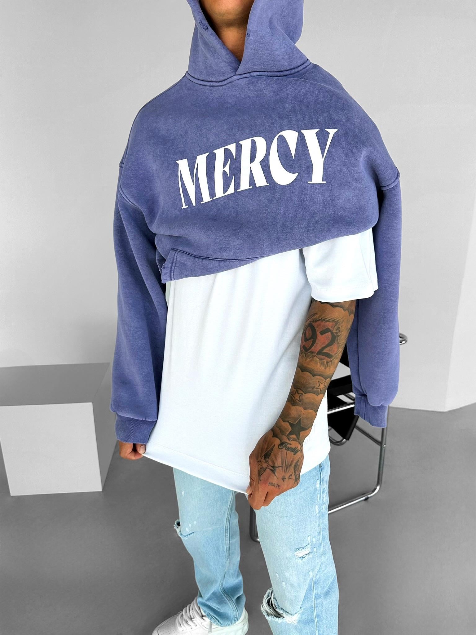 Erkek Oversize Baskılı Kapüşonlu Pamuklu Sweatshirt Mor