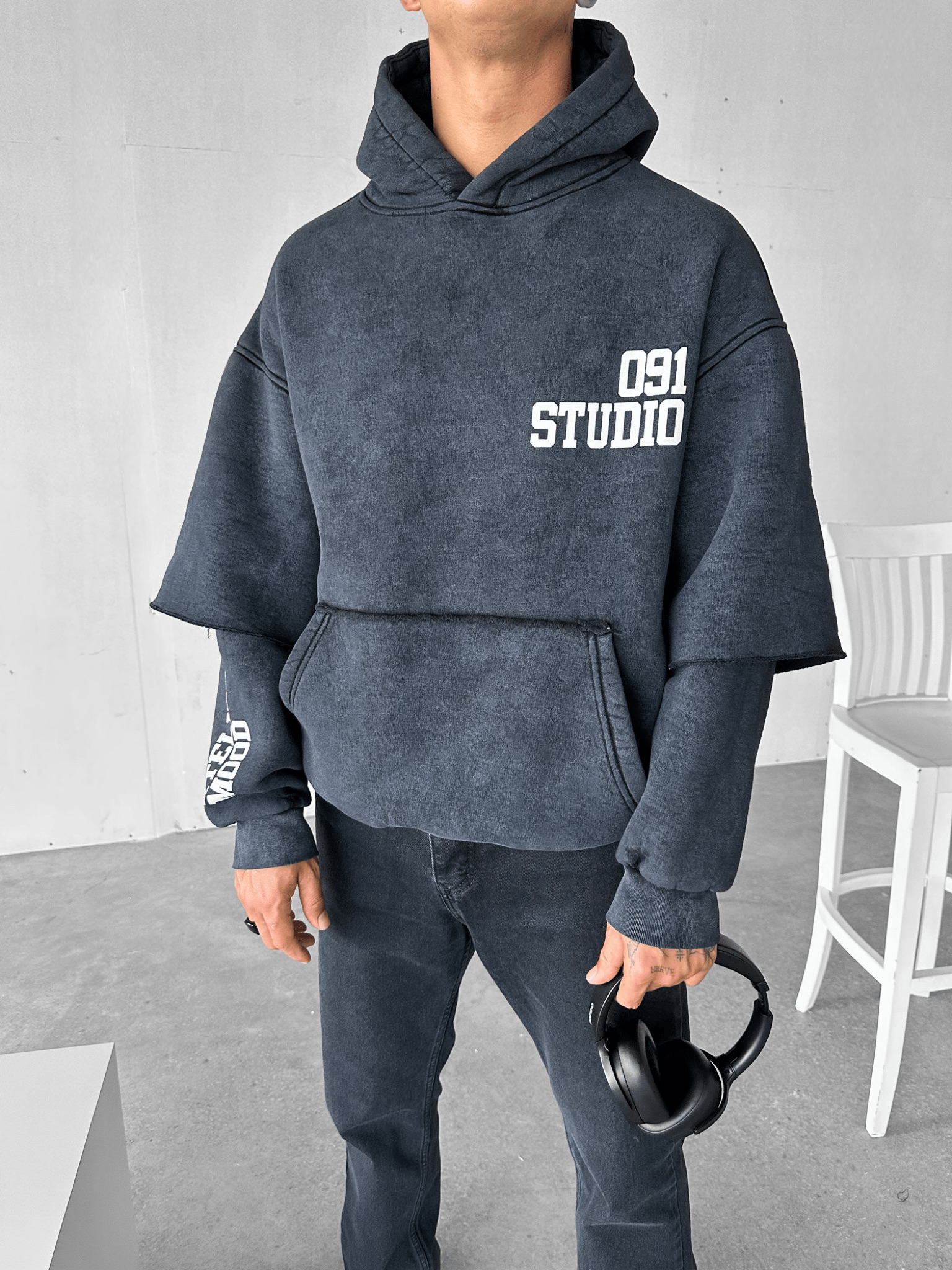Erkek Oversize Baskılı Kapüşonlu Pamuklu Sweatshirt Siyah