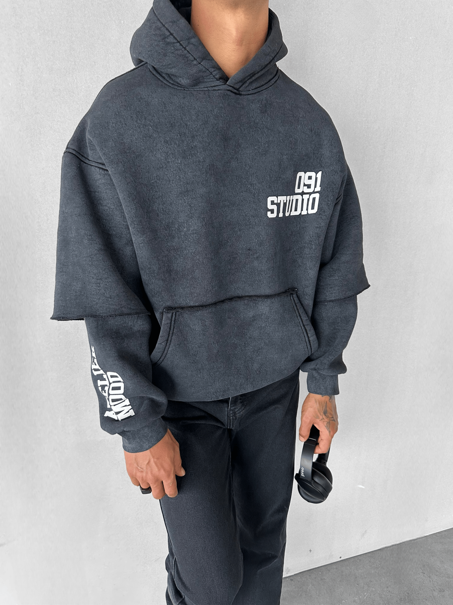 Erkek Oversize Baskılı Kapüşonlu Pamuklu Sweatshirt Siyah