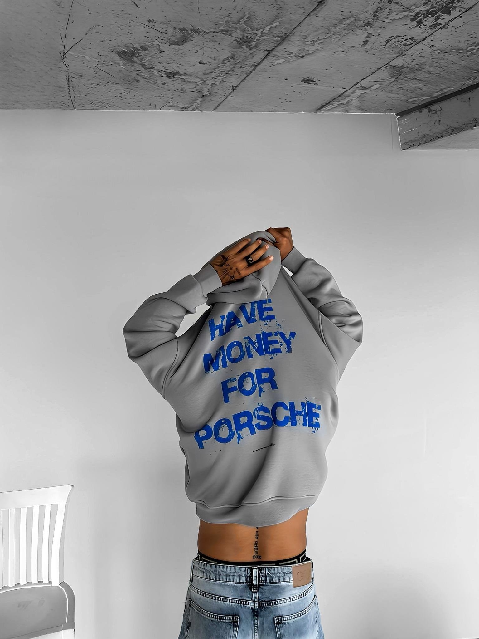Erkek Oversize Baskılı Kapüşonlu Sweatshirt Gri
