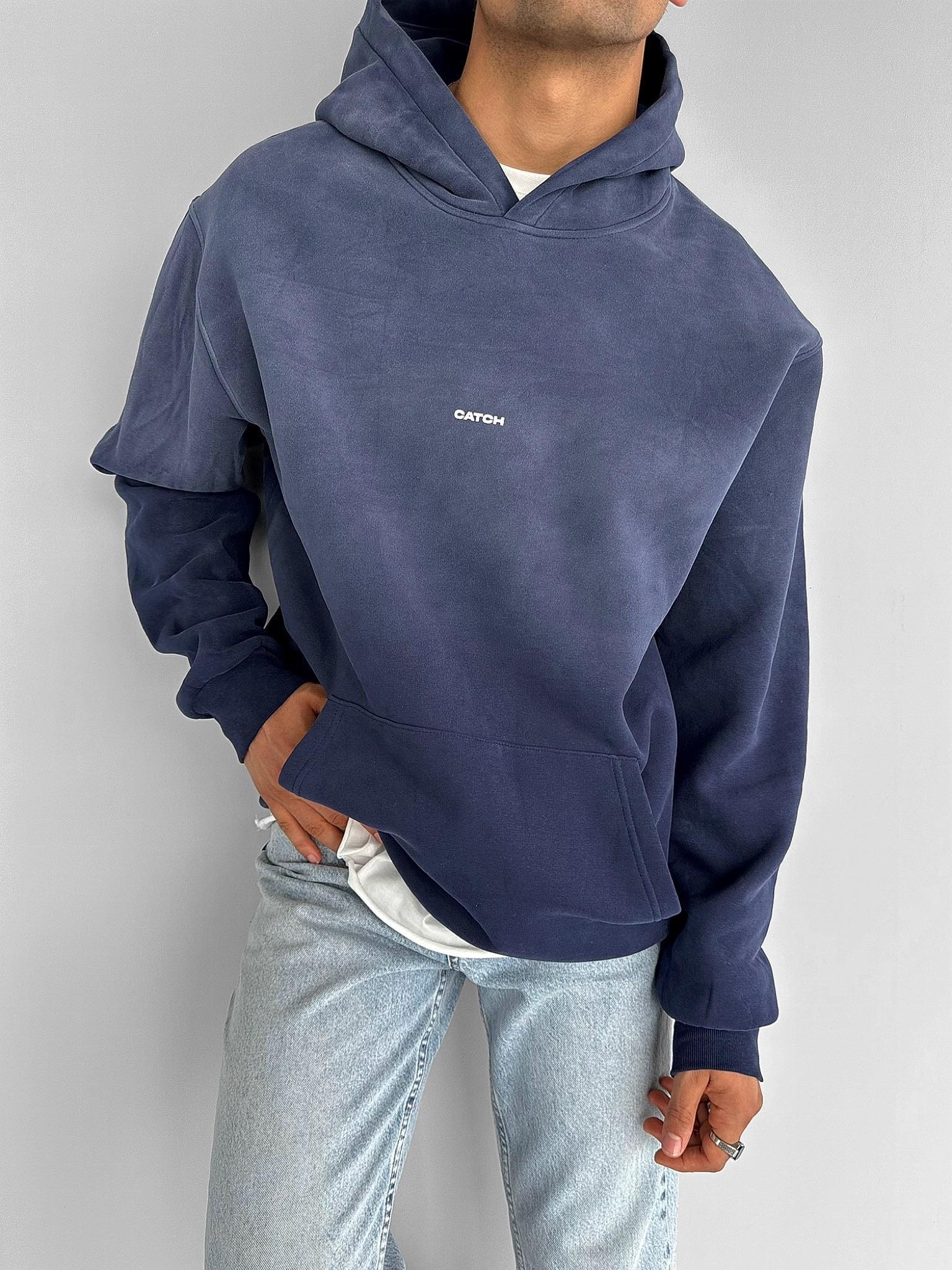 Erkek Oversize Baskılı Kapüşonlu Sweatshirt Lacivert