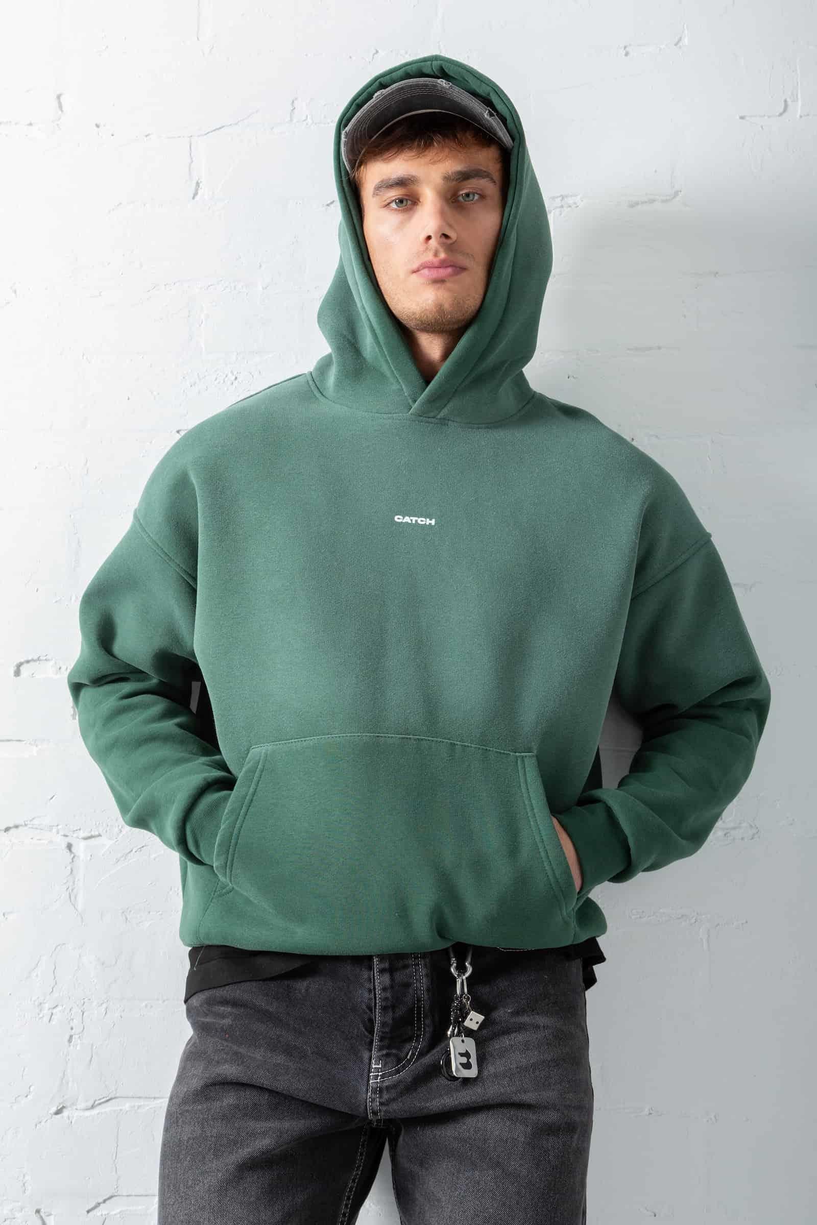 Erkek Oversize Baskılı Kapüşonlu Sweatshirt Yeşil